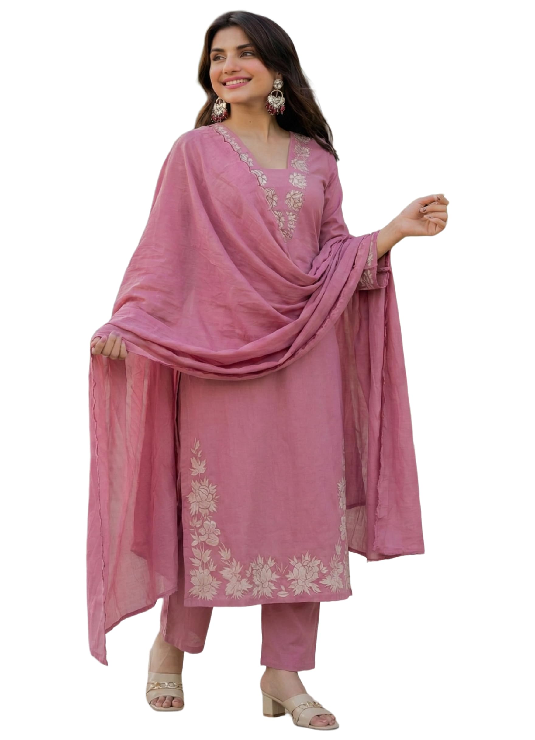 gosriki Pure Cotton Embroidered Kurta Set for Women | Baby Pink Kurta with Pants & Dupatta | Floral Neck & Hem Embroidery | Cotton Kurta Set for Women-picture-26
