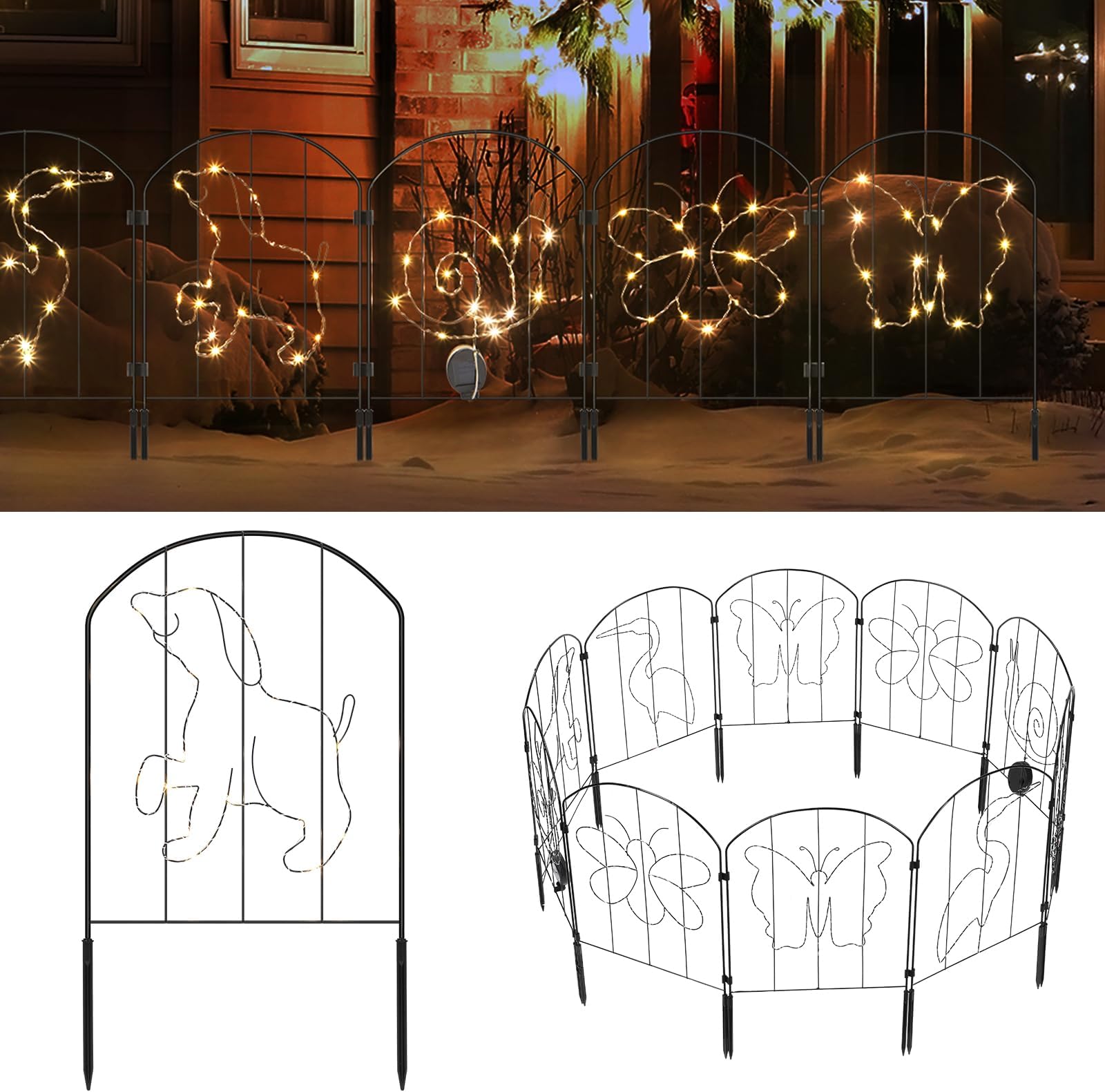 OUSHENGGarden Fence with Lights, Small Decorative Fencing Border Barrier for Dogs, Metal Panels with Mini Solar Powered LEDs, Plastic Feet for Outdoor Outside, Animal Pattern