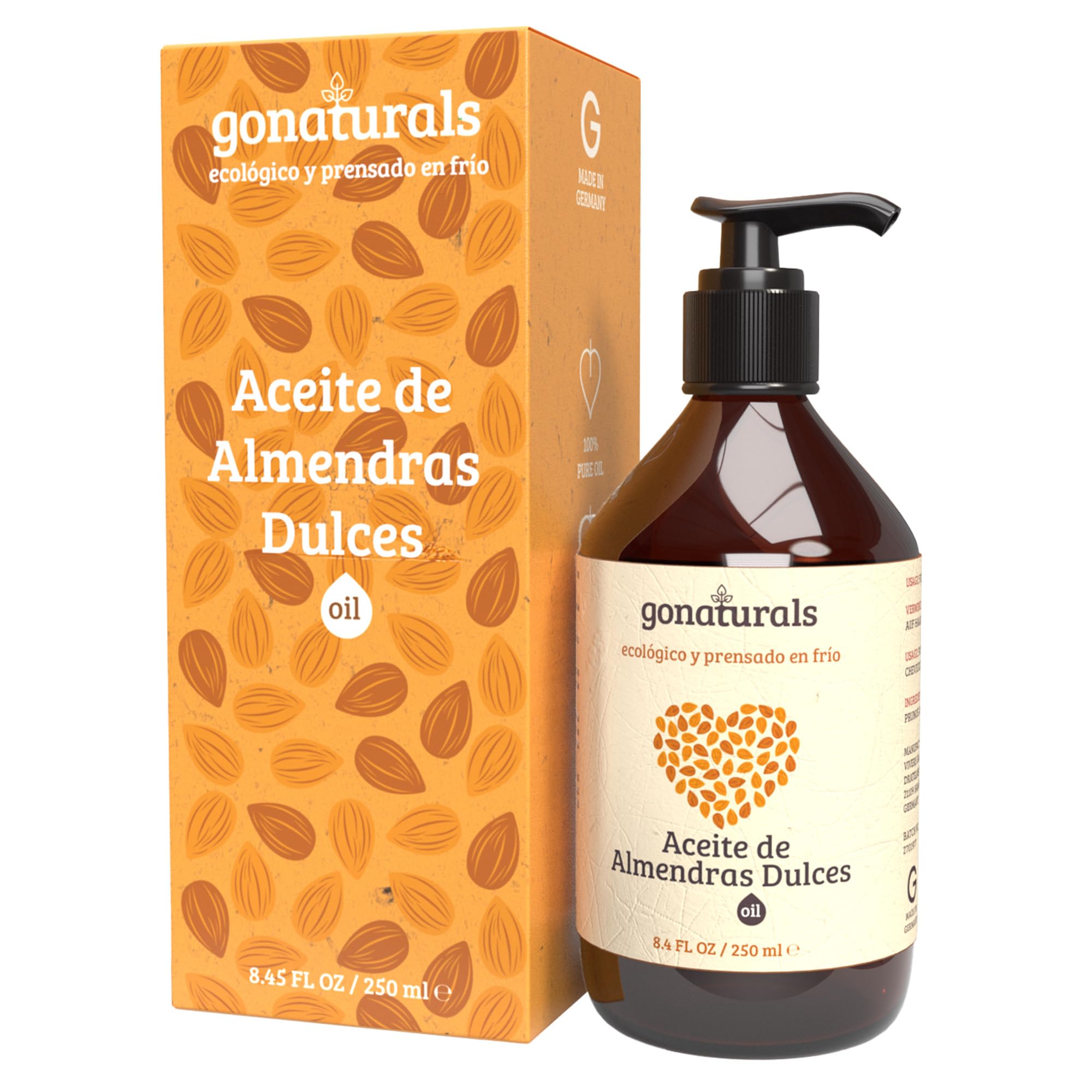 GoNaturals® Aceite de Almendras Dulces 100% Puro con Aplicador, 250ml - Aceite Almendras Dulces para Embarazo y Masaje Perineal - Aceite Corporal Hidratante de Rápida Absorción - Prensado en Frío