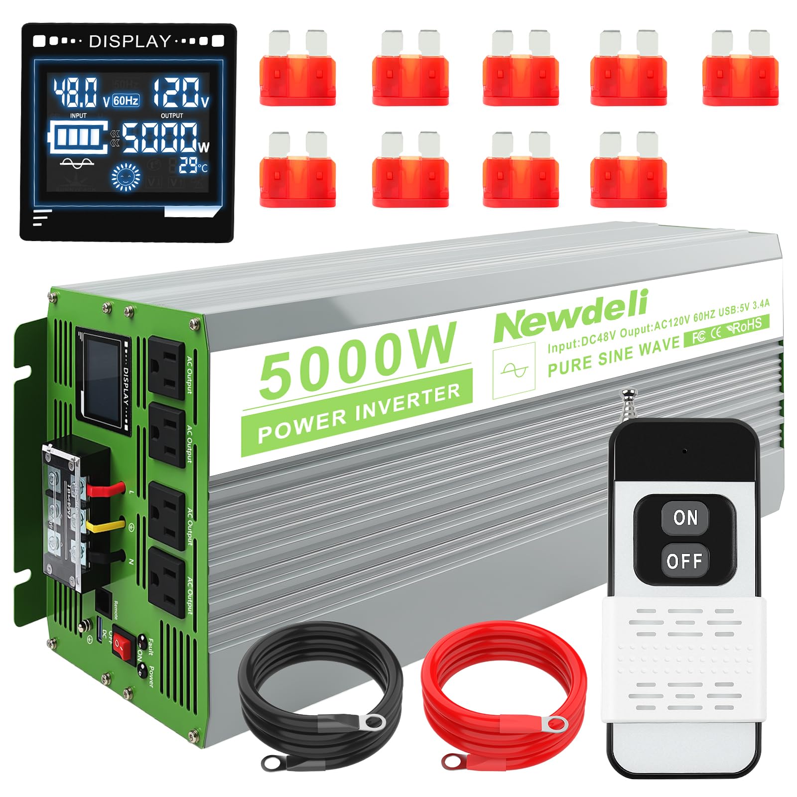 Newdeli 5000 Watt Pure Sine Wave Power Inverter 48V DC to 110/120V AC Converter with 4 AC Outlets, 3.4A USB, LCD Display, Remote Controller for Vehicle, Solar, Heavy Duty, RV, Truck, Off Grid, Camping