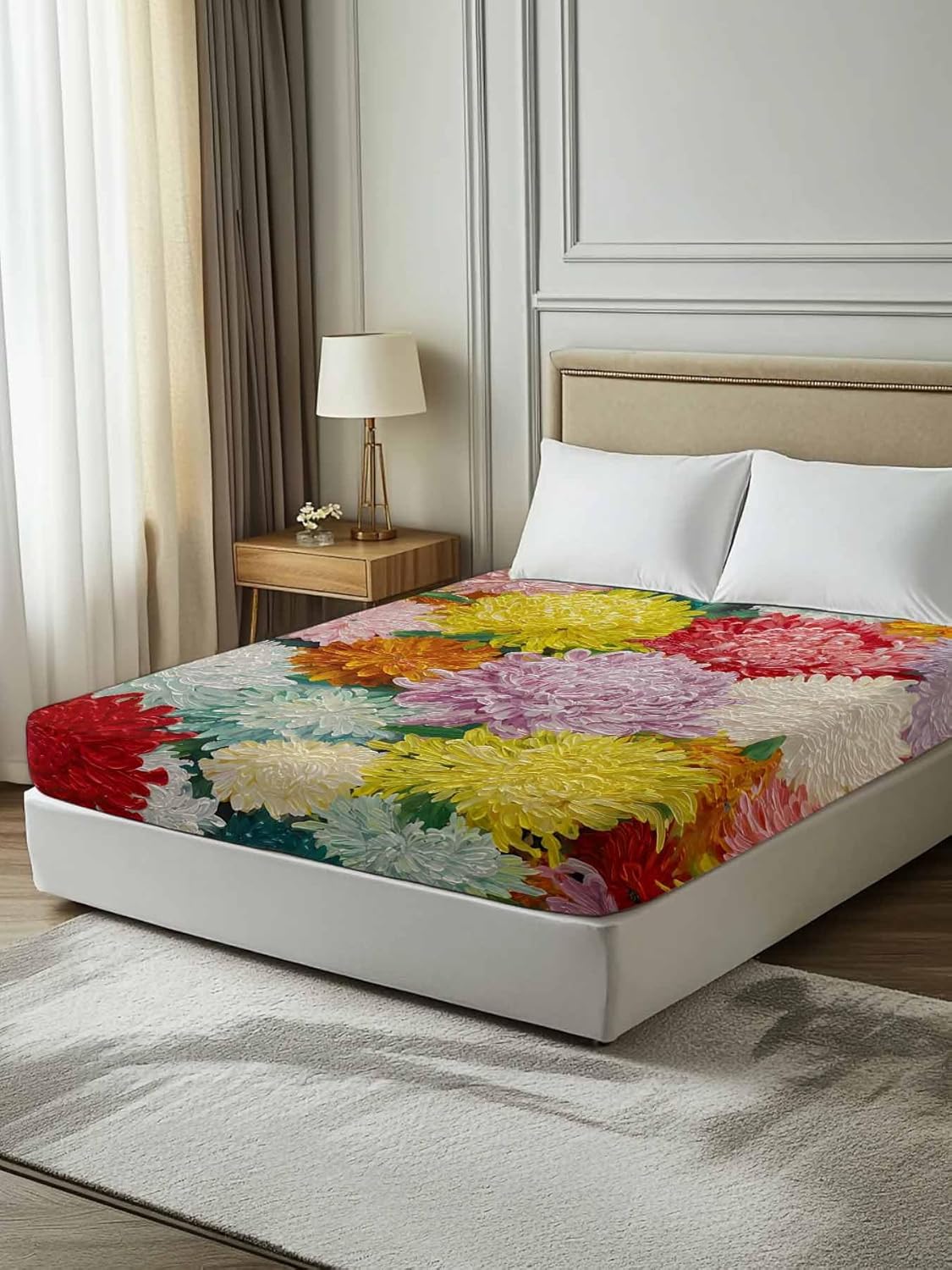 Top Sheet Full Bedding Flat Sheet Only, Oil Painting Style Chrysanthemums Microfiber Bed Sheets Soft Breathable Bedding Flat Sheets, Red Yellow Flowers Hotel Luxury Top Sheets