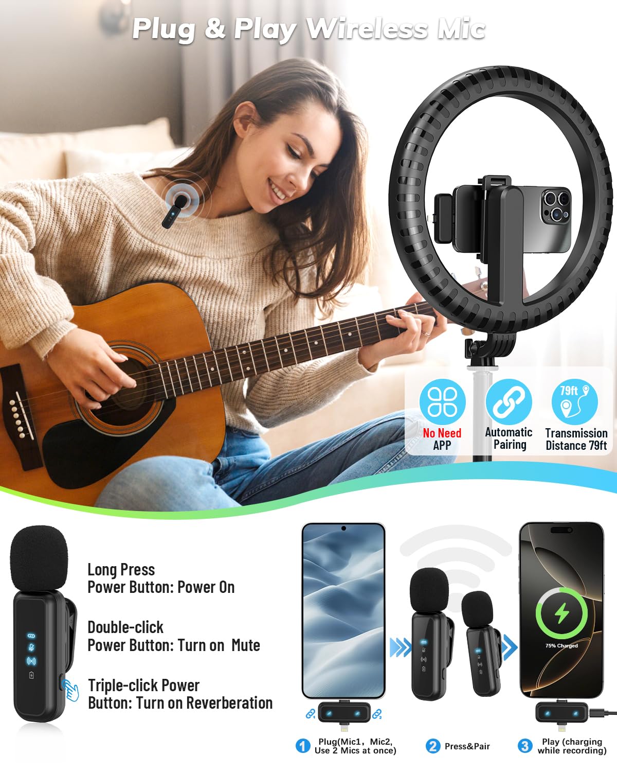 Yeaki Kit vlogging per iPhone/Android – Anello luminoso per selfie da 10 pollici con treppiede da 188 cm e supporto per telefono, treppiede per iPhone con luce e microfono, YouTube Starter Kit per