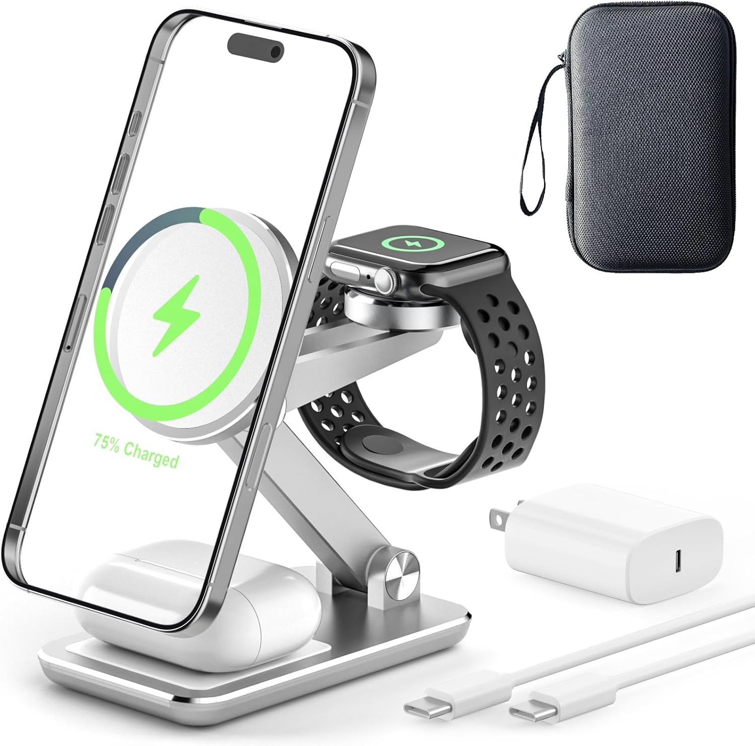 Wireless Charger 3 in 1,Foldable Wireless Charging Station for Apple MagSafe Charger,Aluminum Portable Magnetic Travel Charger Stand for iPhone,Watch,Aipods (with 20W Adapter & Case)