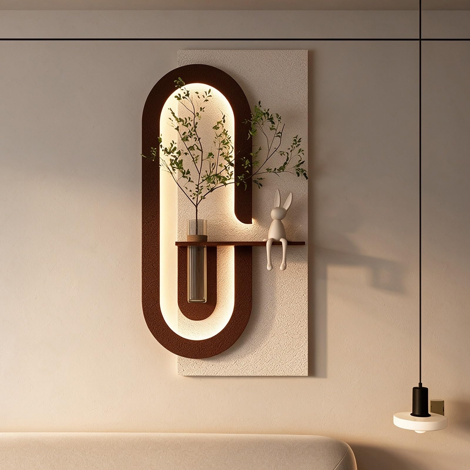 GCXNSKDQN Decoración de pared en arenisca 3D con luces LED y jarrón. | Decoración de estilo cremoso, ambiente LED, para sala de estar, dormitorio, pasillo, restaurantes y estudios.(A,27.6*55.1")