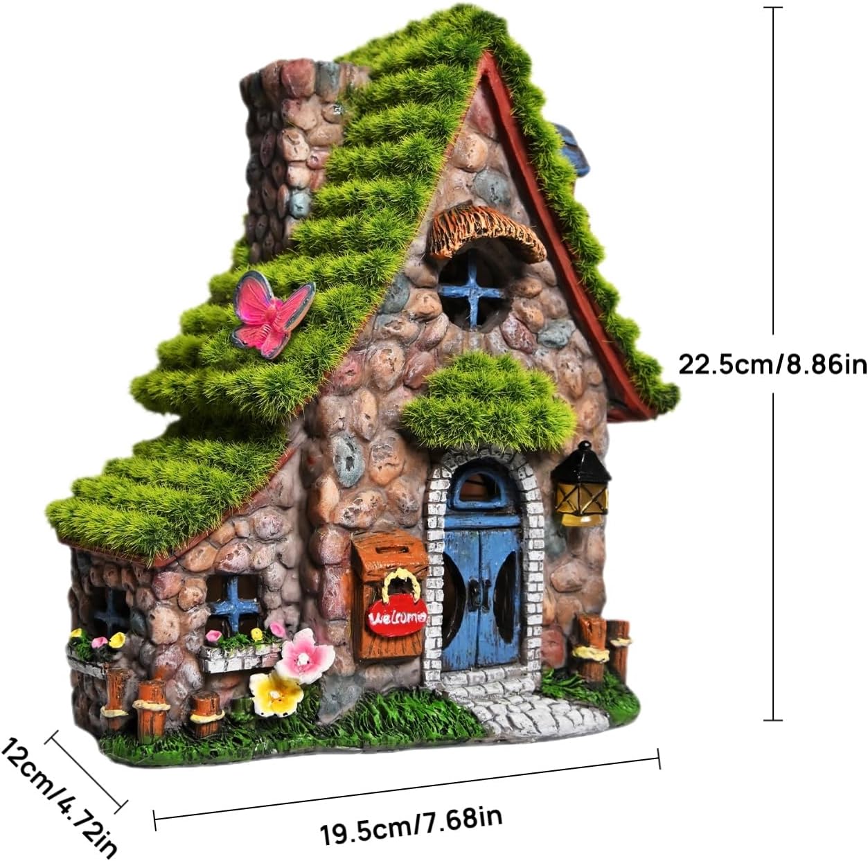 ASAWASA Resin Fairy House Statues with Solar Powered Lights, Funny Garden Sculptures with Flocked and Cobblestone Decor, Exquisite Garden Cottage Figurines - Image 4