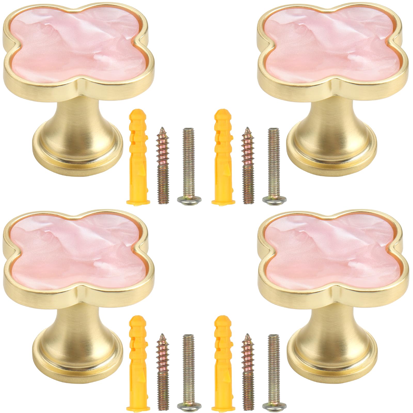 LHNNDM 4 PCS Four-Leaf Clover Handle, 33mm Creative Door Knobs, Zinc Alloy Cabinet Knobs, Handle Wardrobe Cabinet Drawer Handle Single Hole Handle for Wardrobe, Dresser & Bathroom (Pink)