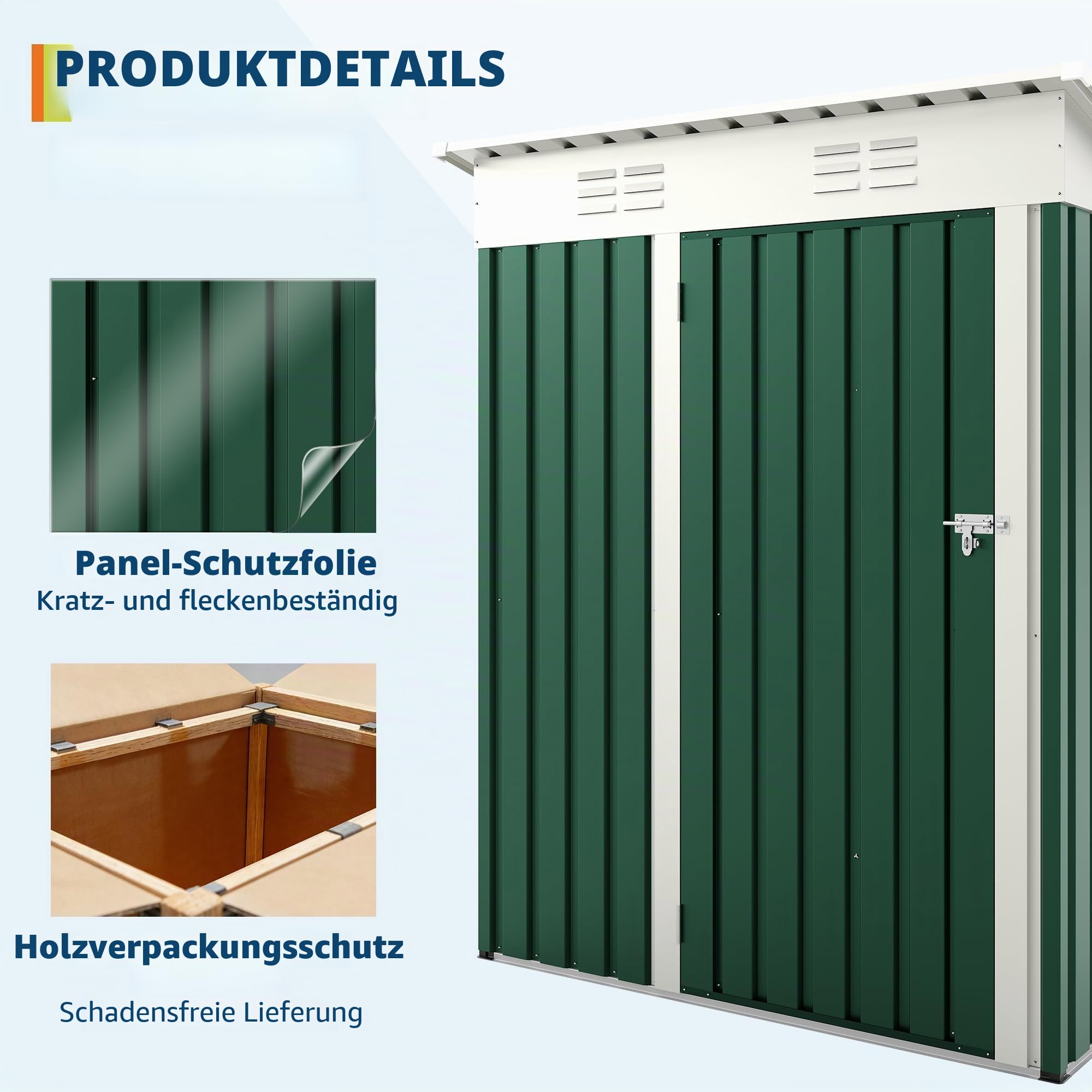 Metall Geräteschuppen 152x89x183cm, Gartenschuppen Aus Metall, Lagerschuppen Im Freien, Gartenhaus Mit Pultdach, Belüftung & Abschließbaren Türen Für Hinterhof, Terrasse, Rasen