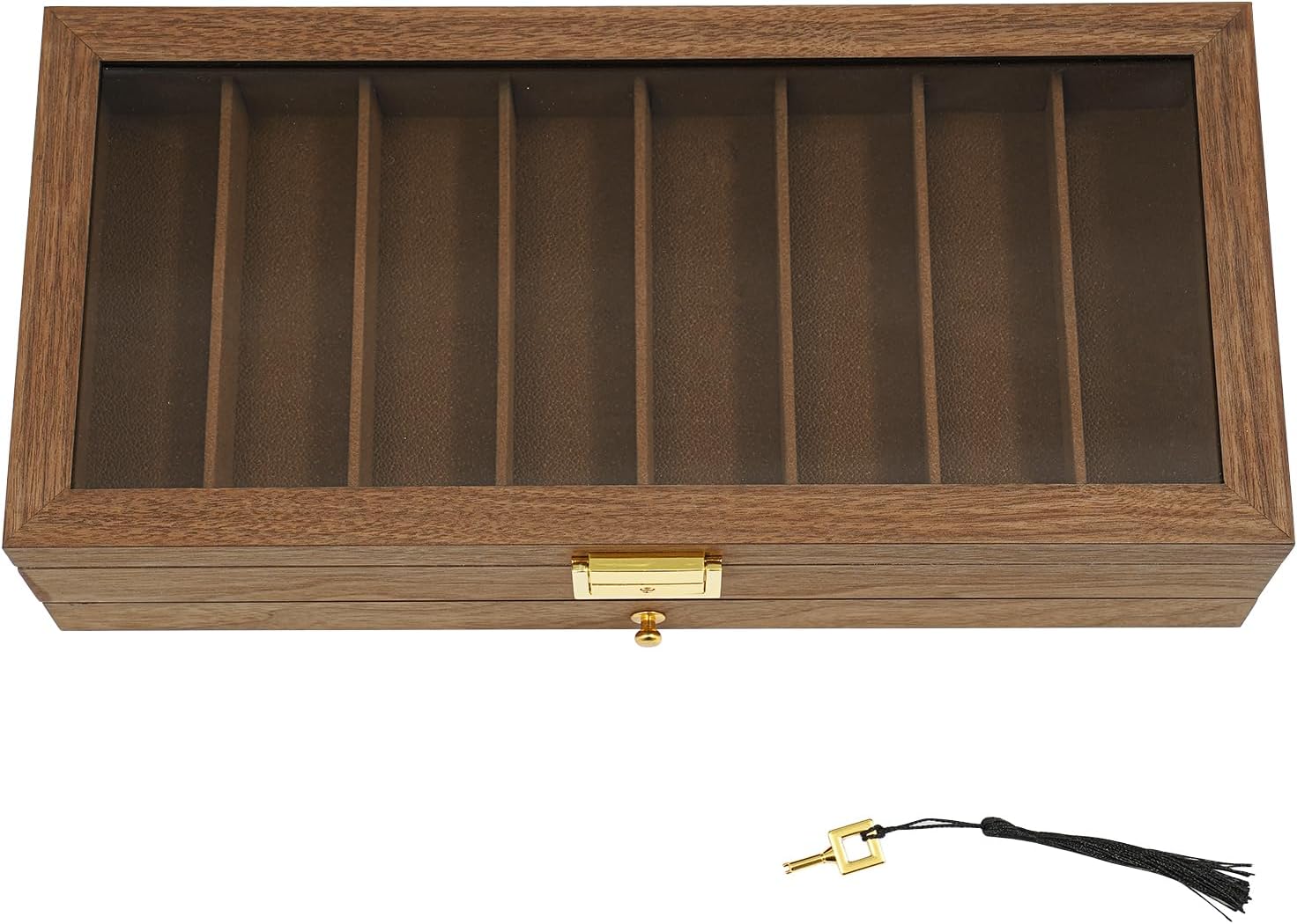 2-Tier Knife Display Case, Knife Storage Box with Glass Window Top, Collection of 17 Folding Knives, Solid Wood Knives Case with Lock and Key for Cutters (Walnut Color, 16 x 7.7 x 3.5 inch)