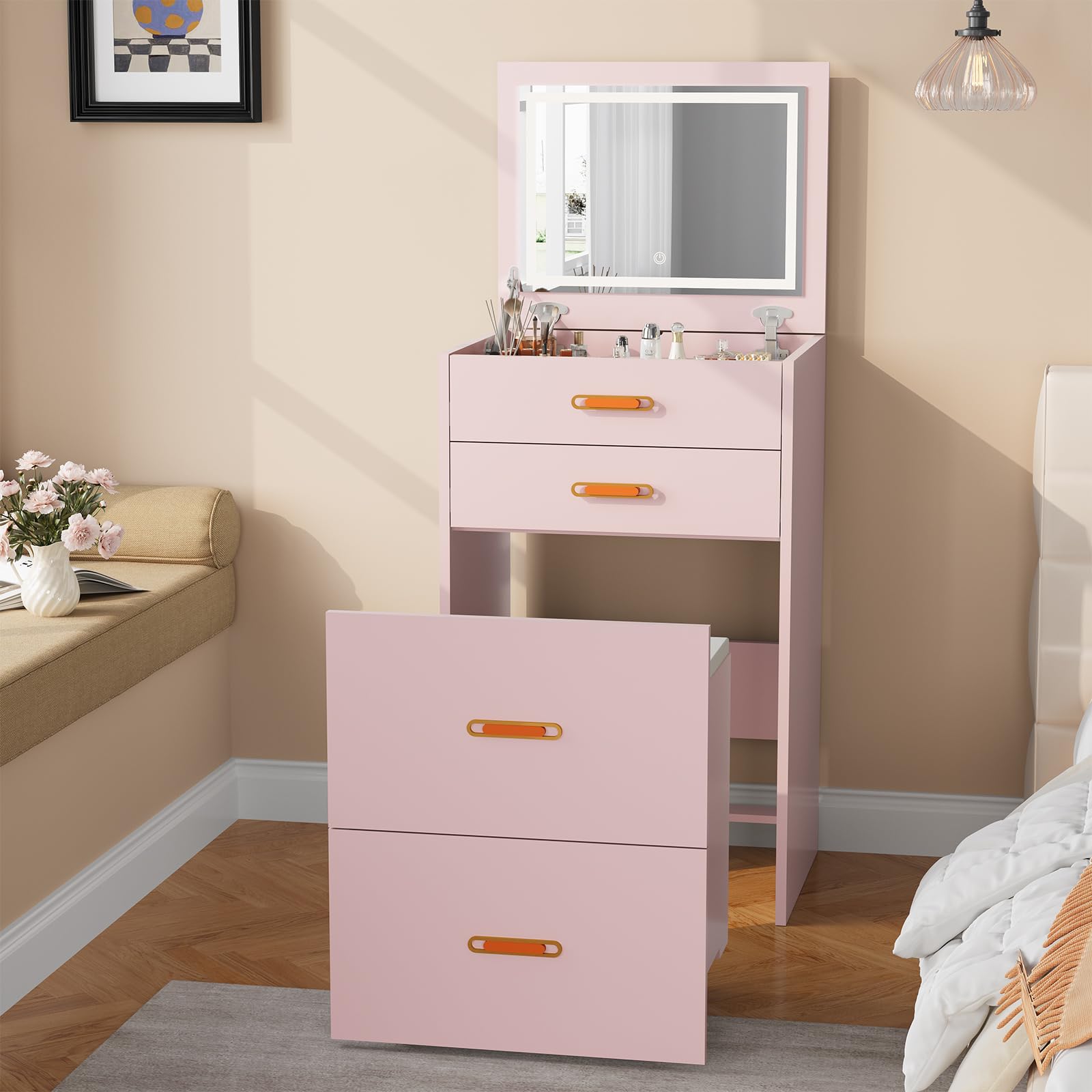 Garvee Tocador Moderno 3 en 1 para Dormitorio - 3 cajones amplios - Mesa de Maquillaje Multifuncional - Diseño Elegante para el hogar - Color Rosa