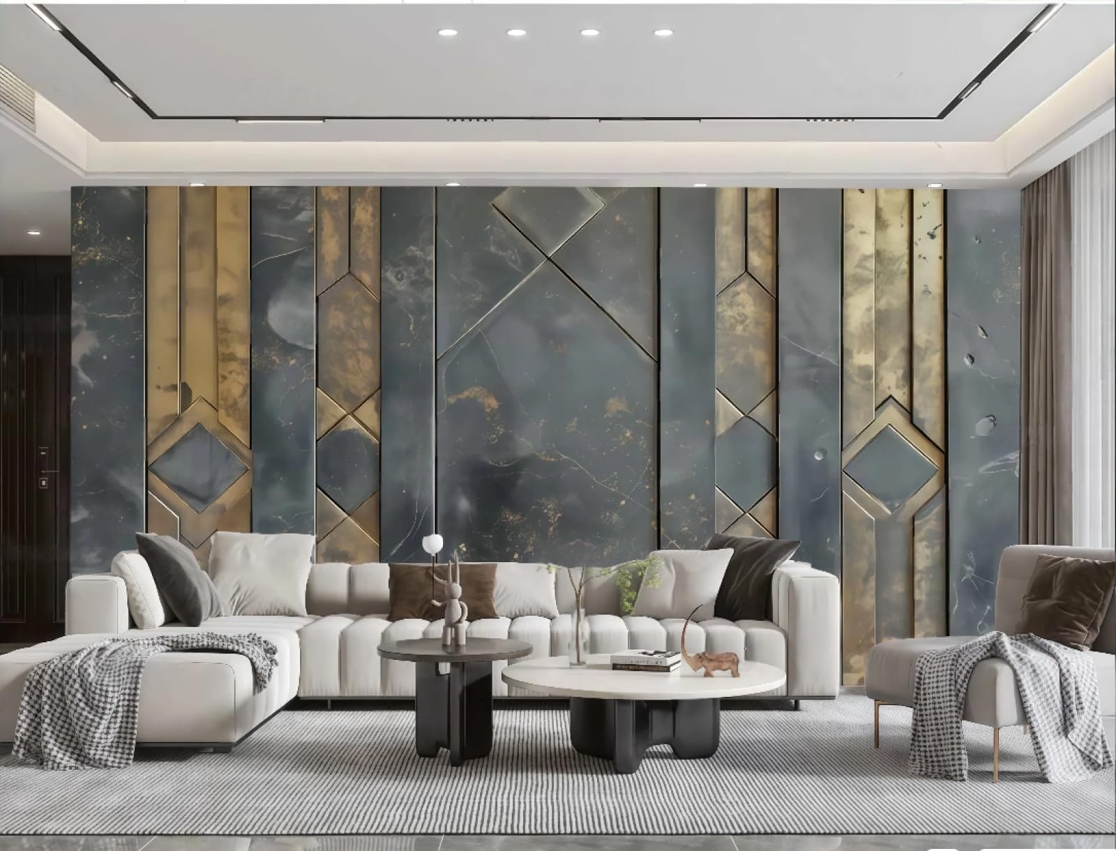 Tapeta nowoczesna minimalistyczna złota sztuka pionowe paski szary kwadratowy kolaż kamień relief malarstwo telewizor sofa tło tapeta salon restauracja kawiarnia ścienna, 3D, 250 x 175 cm