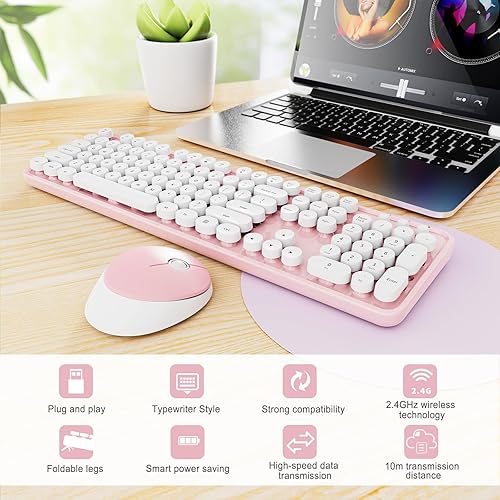 Vista 53 de Combo de teclado y mouse inalámbricos, colorido teclado ergonómico de tamaño completo con diseño retro, silencioso, con teclas bonitas, compatible