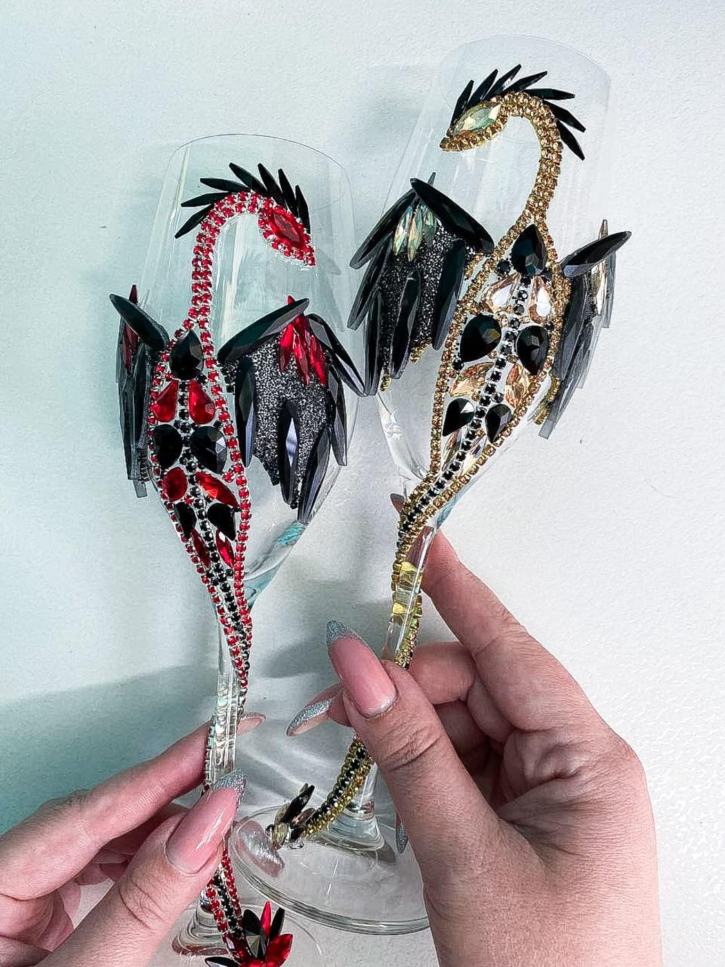 Gold Dragon Wedding Wine Glass for Bride or Groom with Black Crystal Wings and Stones