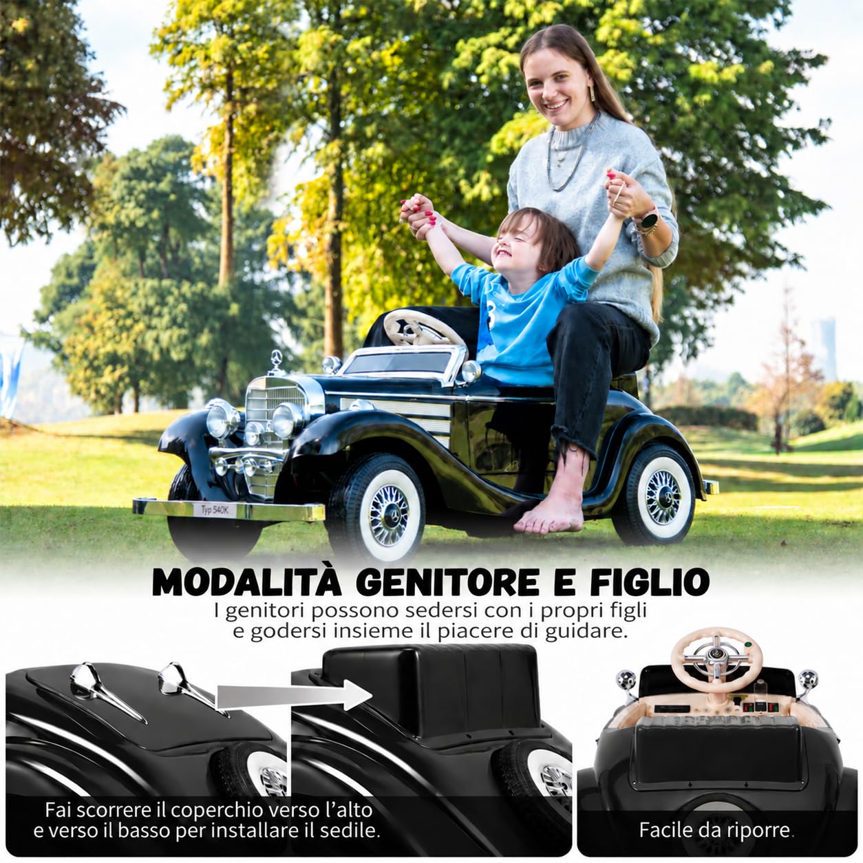 Auto elettrica per bambini, 12 V, con telecomando, luce LED e musica, colore nero