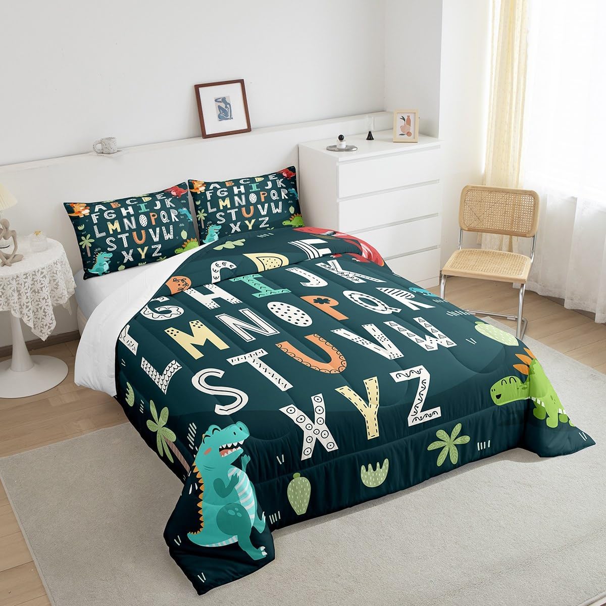 Feelyou Alphabet Kids ABC Learning Bedding Set Twin Size, Cartoon Dino Comforter Kids Educational Nursery Art Comforter Set for Boys Girls Jungle Dino Duvet Set Durable Bed Set 2Pcs