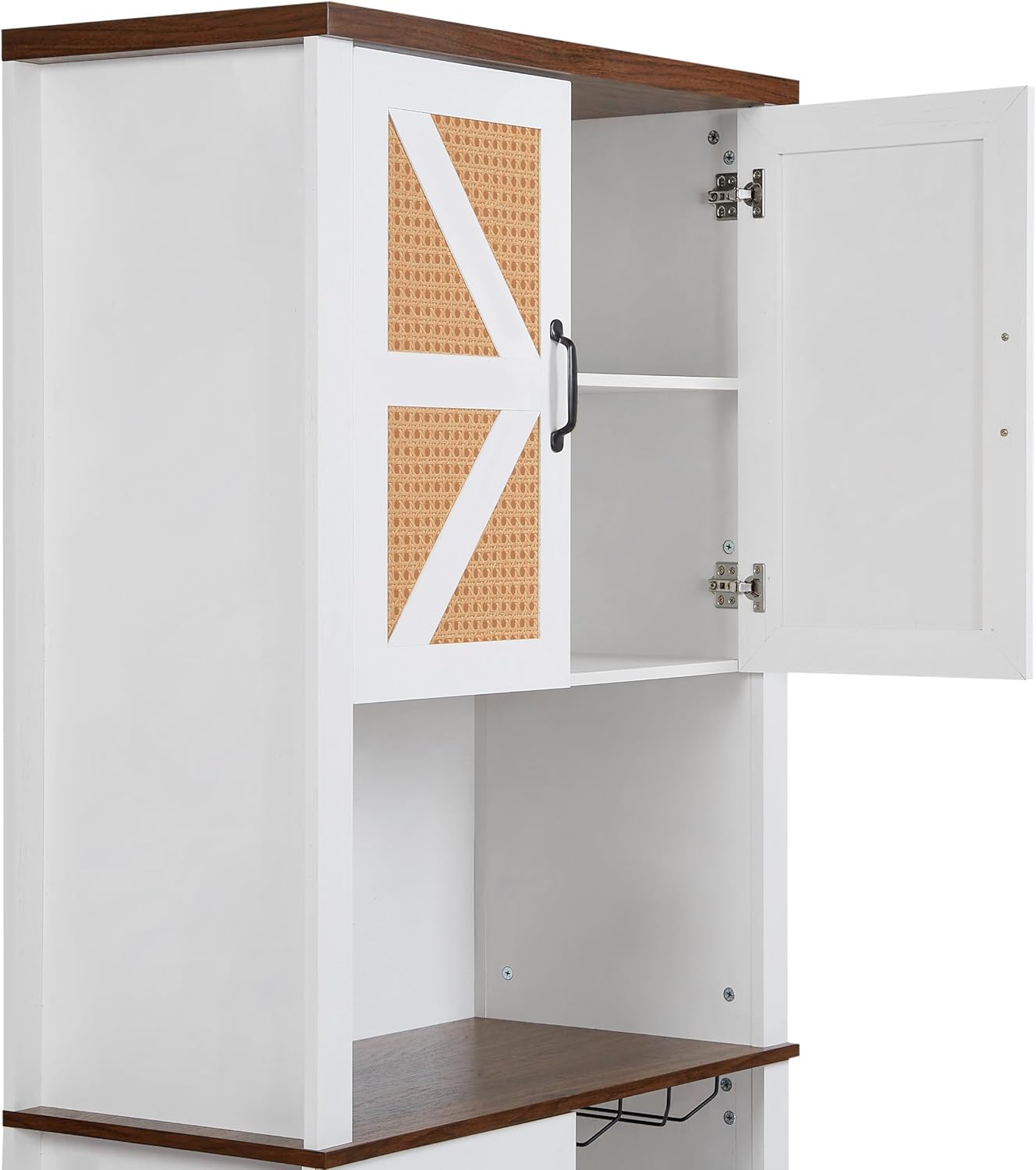 76 Inch Tall Kitchen Bar Cabinet with Square Compartments and Shelves,Large Wooden Faux Rattan Storage Cabinet with Barn Doors and Microwave Shelves ，Wine Cabinet (White)