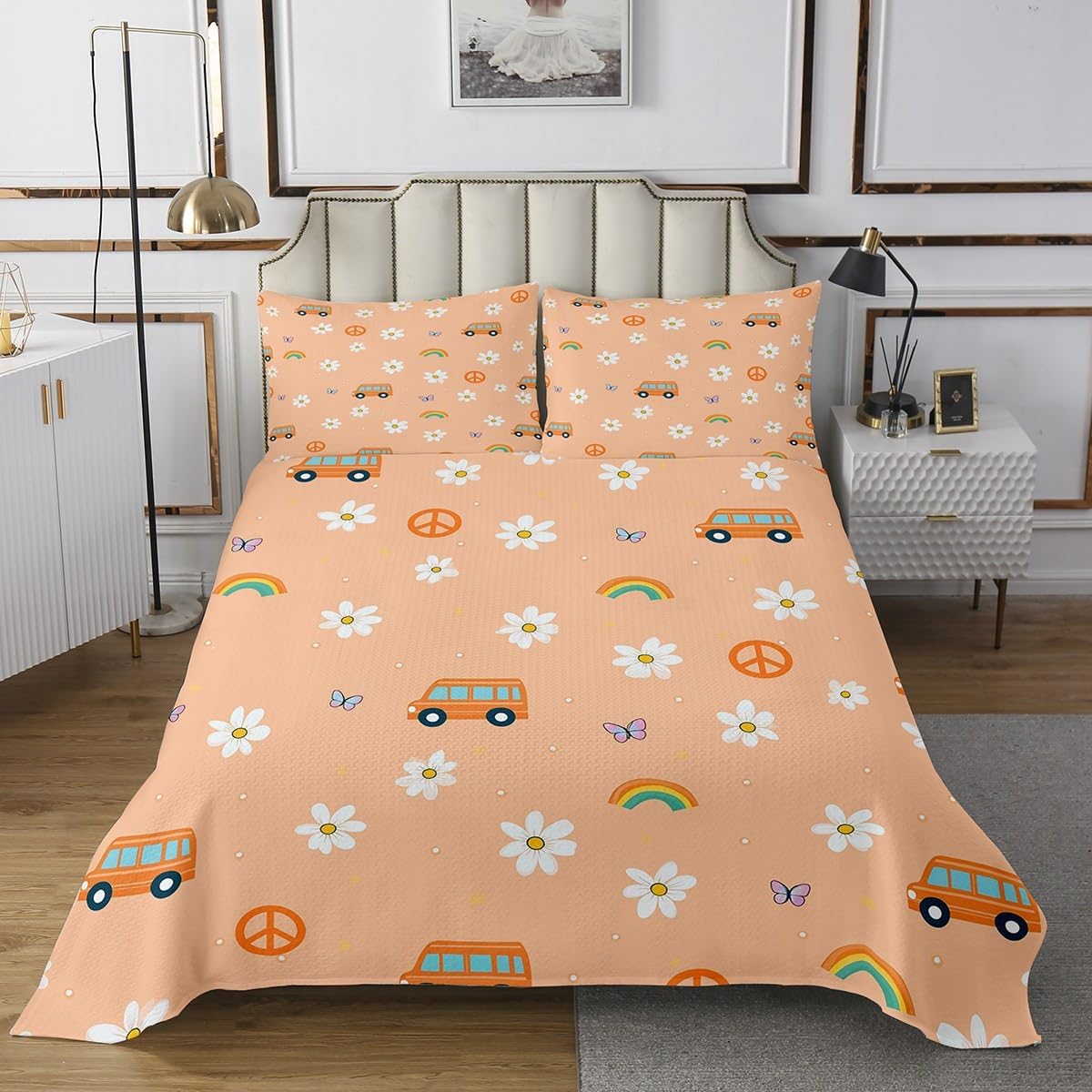 jejeloiu Groovy Party Bedspread Peace Sign Decor Bedspread for Kids Boys Girls Hippie Flower Coverlet Set Cute Kawaii Floral Quilted Bedroom Collection 2Pcs Twin Size