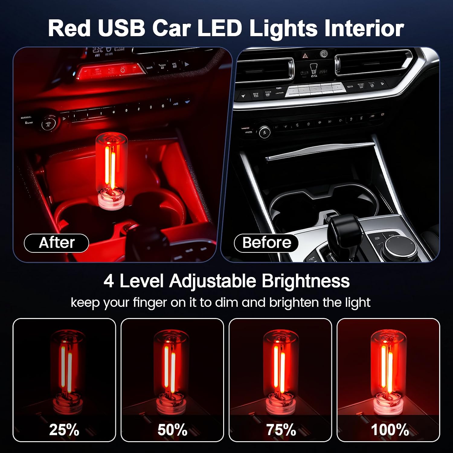 2 PCS Red USB Car LED Lights Interior, Touch Control Adjustable Brightness Plug-in Retro Portable Glass Bottle Ambient Night Lights for Car, Computers, Party, Holiday Decoration, Bedroom