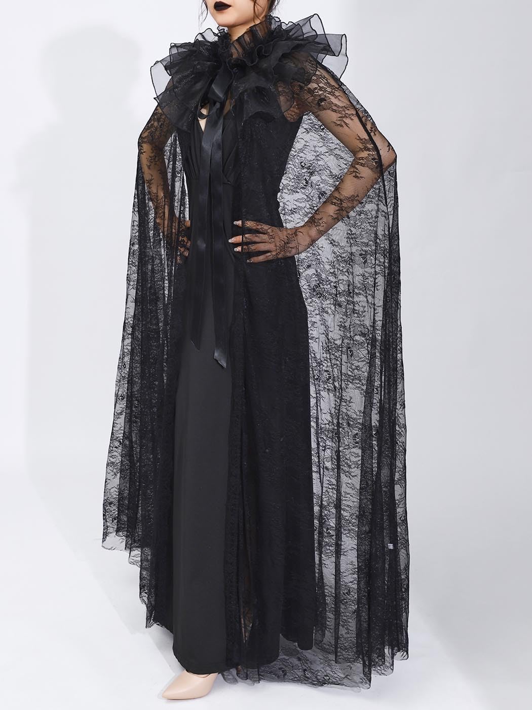 EASEDAILY Black Lace Cape Gothic Cloak Witch Halloween Costume Cosplay Capelet Long Robe for Women and Girls - Image 3