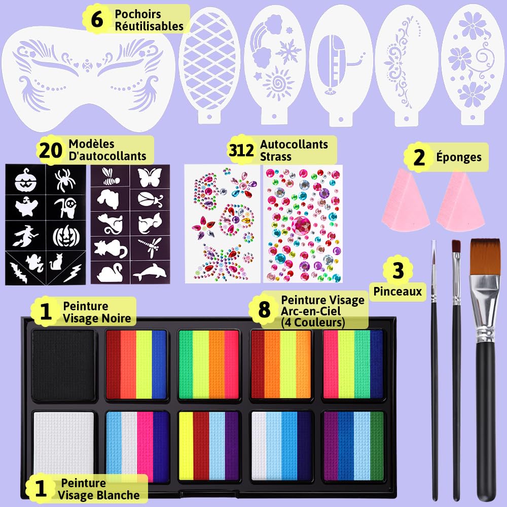 Janolia Palette Maquillage Enfant, 34 Couleurs Fluorescents UV Peinture Visage Enfant avec 3 Pinceaux, Peinture Corporelle, Kit Maquillage Enfant pour Carnaval Halloween Cosplay Fête D'anniversaire