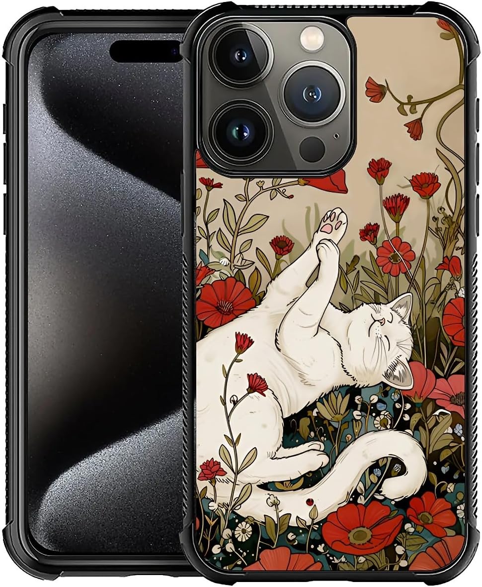 Phone Case Compatible with iPhone 16 Pro Max - Wireless Charging Compatible,S Poppies Cat TPU Bumper and Hard PC Pattern Back Case
