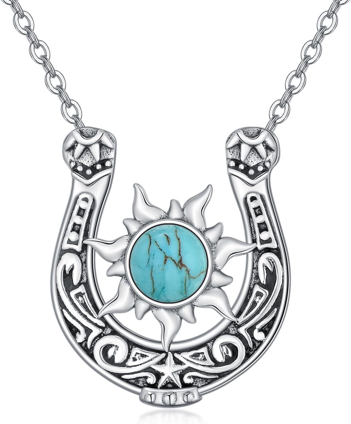 Turquoise Horseshoe Necklace for Women 925 Sterling Silver Lucky Horseshoe Pendant Sun Horse Necklace Genuine Turquoise Jewelry Gifts for Mom Wife