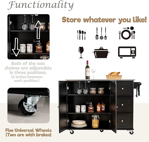 Miniatura 5 de GLACER Carrito de isla de cocina con ruedas, carrito de cocina con ruedas con encimera de acero inoxidable, isla de cocina rodante para cocina,