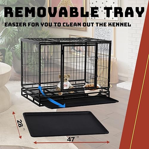 Miniatura 3 de HCY Jaula para perros grande de 48 pulgadas, resistente, plegable, con ruedas con bloqueo, puertas dobles, bandeja de plástico para mascotas