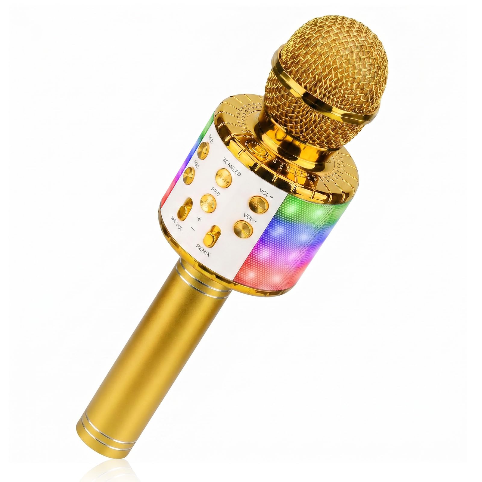 ShinePick Microfono Inalámbrico Karaoke, Micrófono Karaoke Bluetooth Portátil con Altavoz y LED para Niños Canta Partido Musica, Compatible con Android/iOS PC, AUX o Teléfono Inteligente (Dorado)