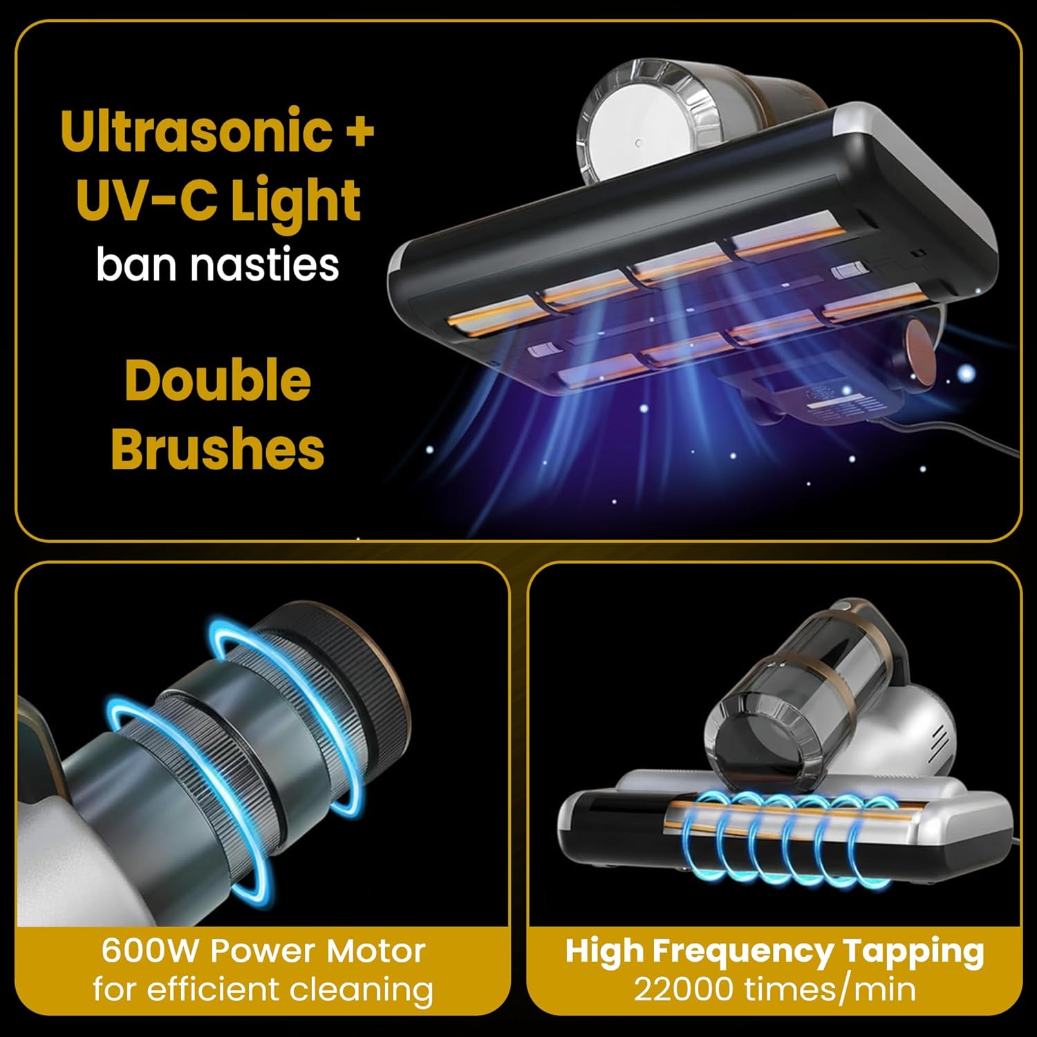 Mattress Vacuum BED CLEANER with UV-C LIGHT, 14kPa Suction, DUAL FILTERS & Dual Rollers, Furniture Handheld Vacuum Cleaner Dust Sensor, CORDED HANDHELD VACUUM for SOFA, Fabric & PET HAIR