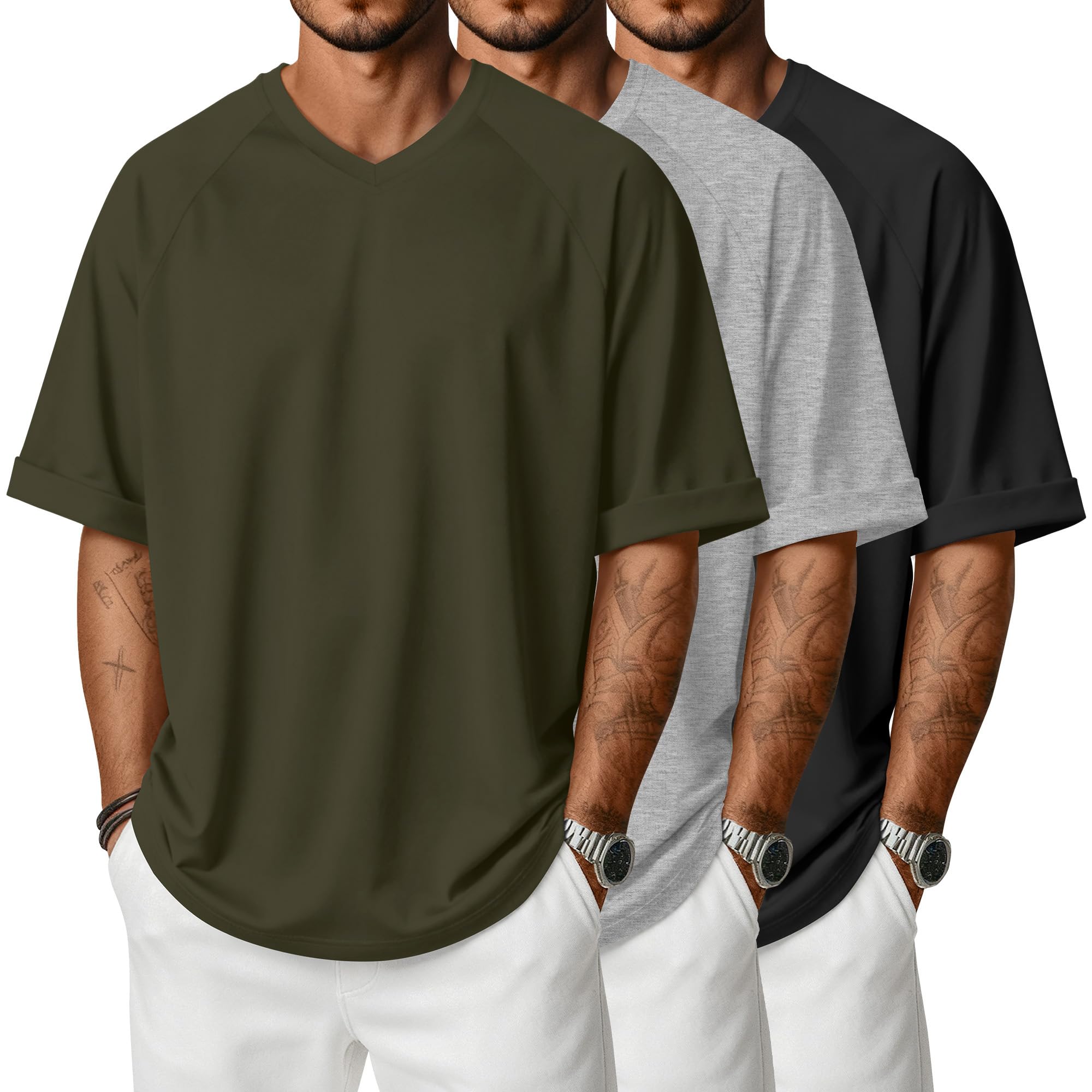 3 Pack Mens Oversized T-Shirts Baggy Half Short Sleeve Tee V Neck Rolled Sleeve Shirts Summer Casual Workout