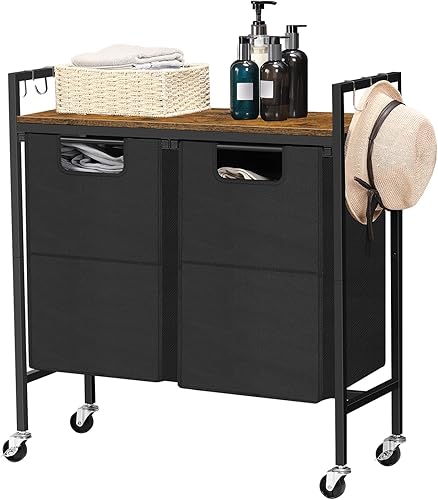 MOOACE Cesta de lavandería con estante, organizador de 2 secciones, carrito clasificador de ropa sucia con ruedas enrollables y bloqueables,