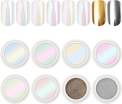 AIMEILI Pearl Chrome Nail Powder, Vegan, Cruelty Free, 8 Colors Aurora Metallic Holographic Mirror Effect Nail Art Pigment Iridescent Shell Glitter Nail Art