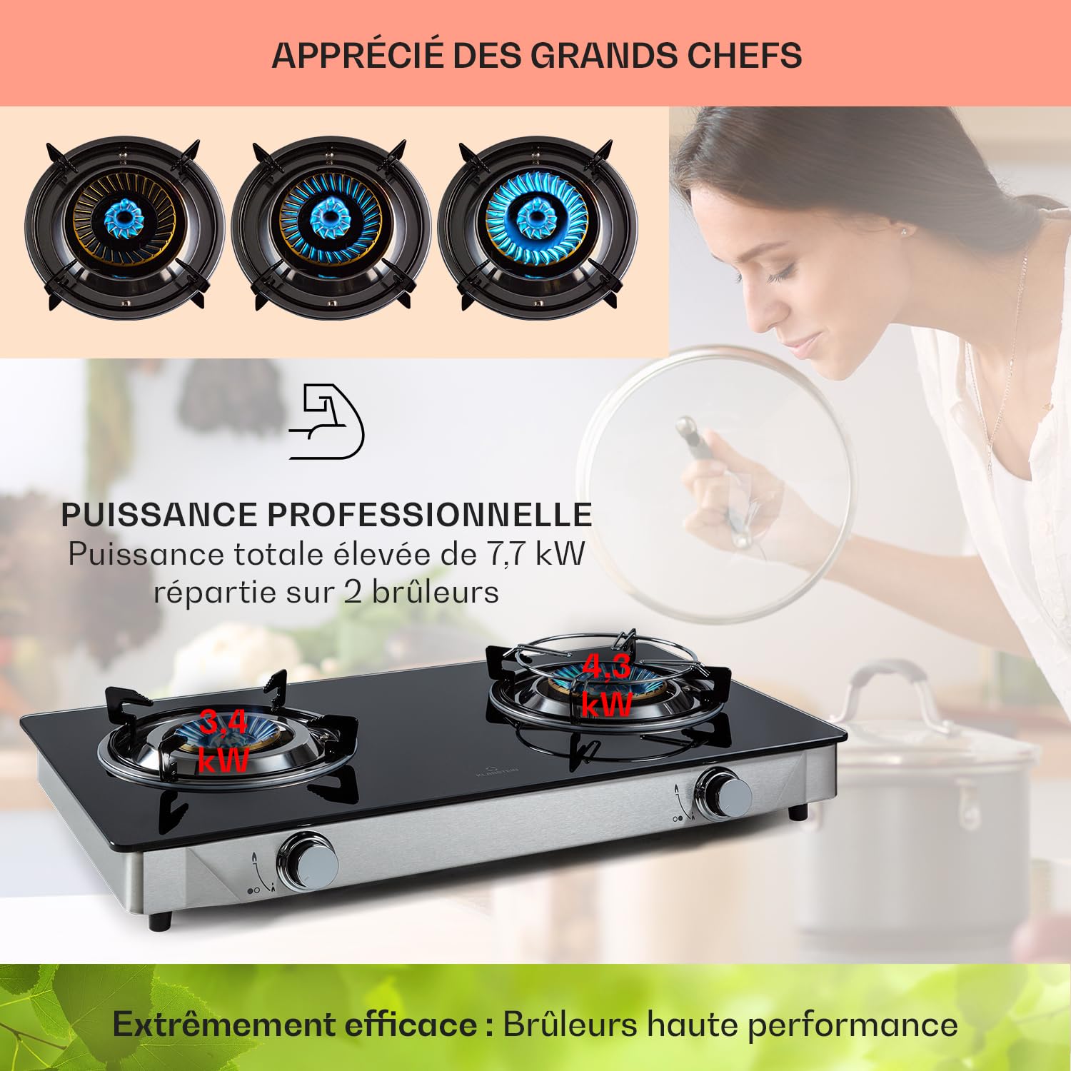 Klarstein Plaque de Cuisson Gaz 2 Feux, Table de Cuisson à 2 Brûleurs, Plaque Gaz de 7.7 kW, Piano Cuisine en Acier Inoxydable, Plaque de Cuisson Inox Portable