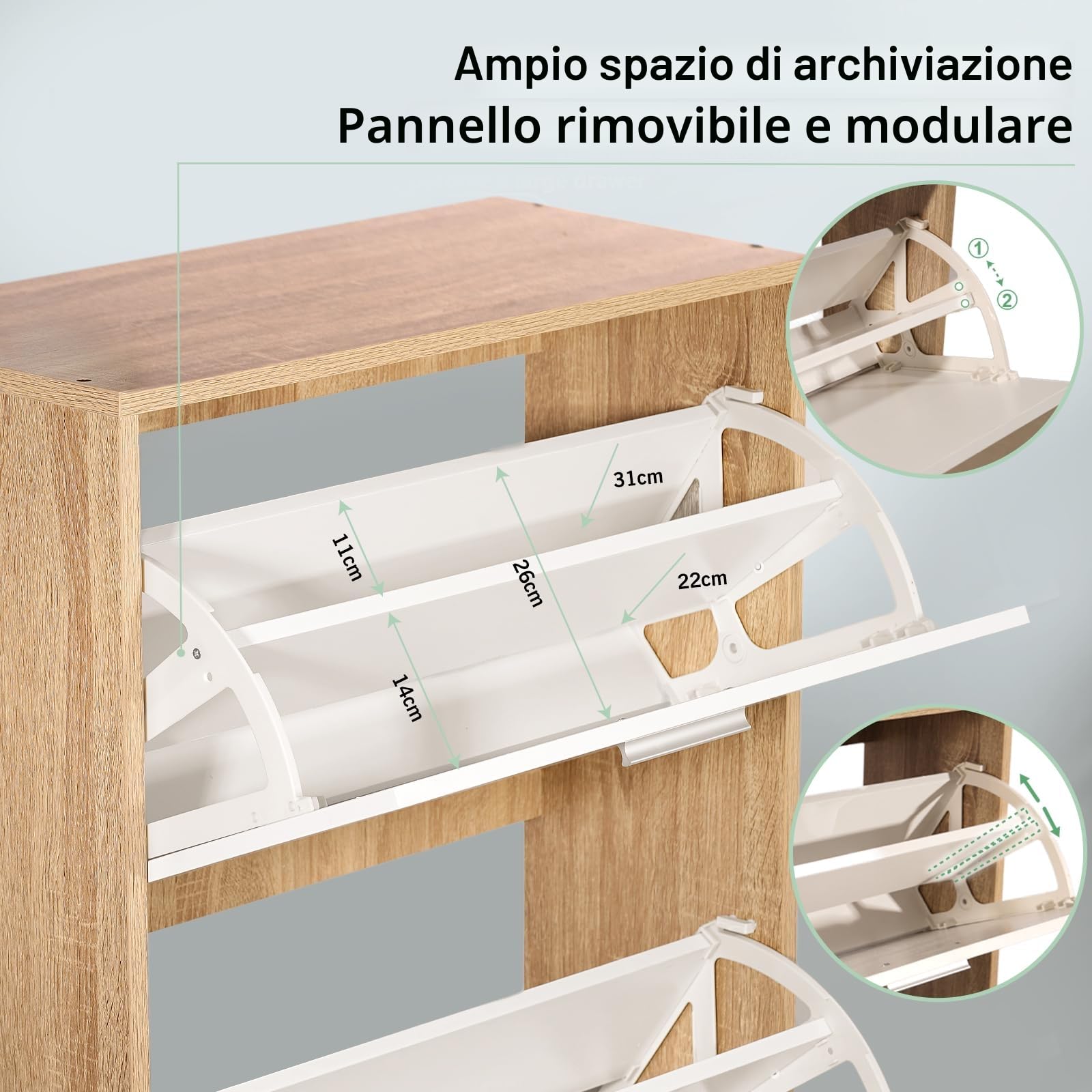 CASABEL Scarpiera 24 paia, ante bianche e struttura in legno chiaro