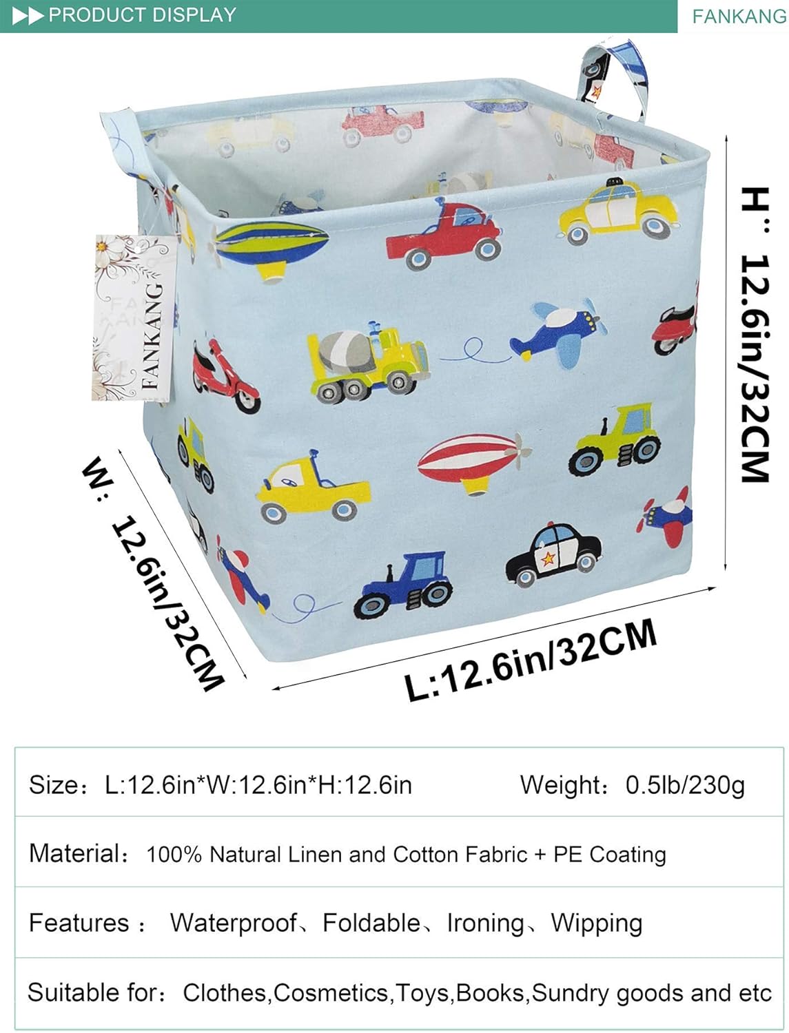 FANKANG Storage Bins Nursery Hamper Canvas Laundry Basket Foldable with Waterproof PE Coating Large Storage Baskets Gift Baskets for Kids, Office, Bedroom, Clothes,Toys (Cars)