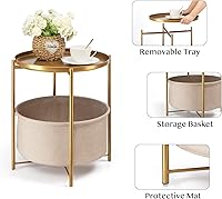 Vista 4 de danpinera Round Side Table with Fabric Storage Basket, Pack of 2, Metal Side Table Small Bedside Table Nightstand with Removable Tray Top for Living