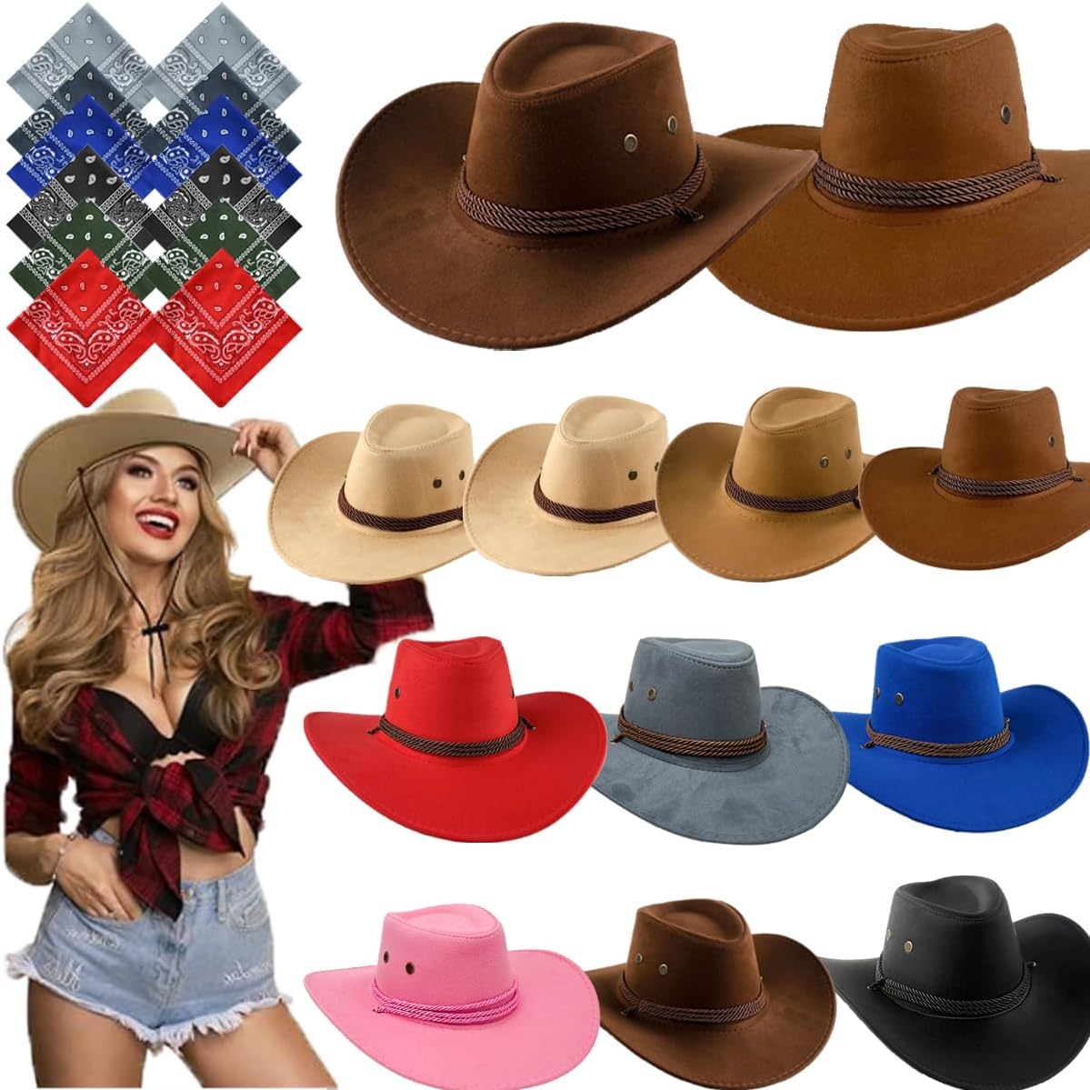 12 Set Wide Brim Cowboy Hat and Bandana for Women Men – 12 Felt Cowgirl Cowboy Hats Bulk with 12 Western Bandanas for Adult Costume Party Multicolored