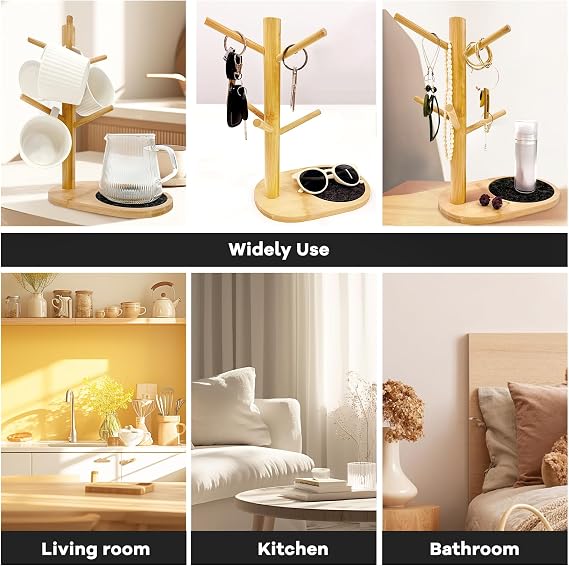 SNAIL GARDEN Mug Holder with 6 Hooks,Coffee Mug Tree with Large Wooden Base,Coffee Mug Stand with Removable Round Felt Pad,Coffee Tree Mug Holder for Kitchen Living Room Bedroom Countertop Tabletop