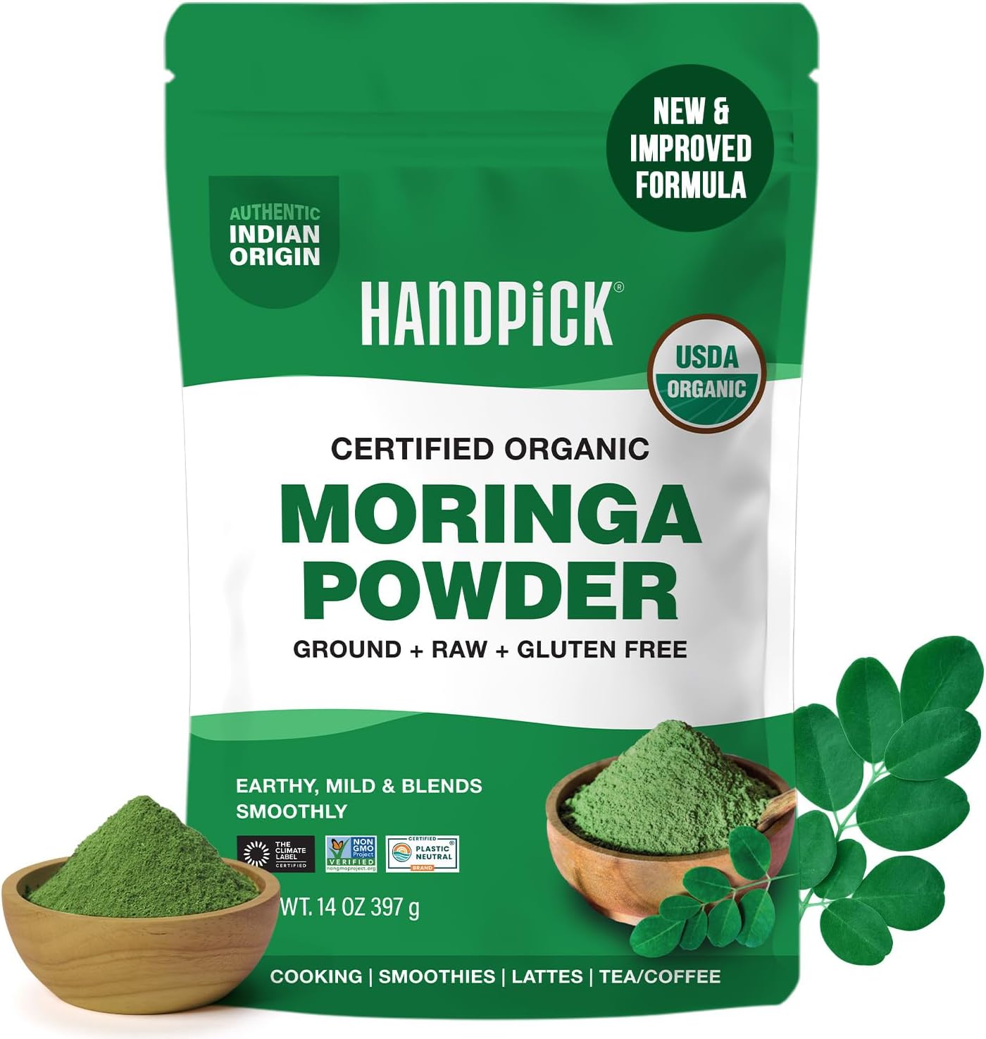 HANDPICK USDA Organic Moringa Powder (397g/14oz) Pure Moringa Oleifera Leaf Powder | Authentic Indian Origin | Gluten Free, Non-GMO | Perfect for Smoothies, Drinks, Tea & Recipes