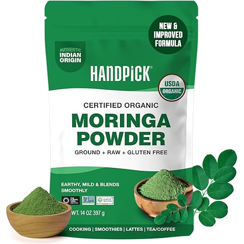 HANDPICK USDA Organic Moringa Powder (397g/14oz) Pure Moringa Oleifera Leaf Powder | Authentic Indian Origin | Gluten Free, Non-GMO | Perfect for Smoothies, Drinks, Tea & Recipes