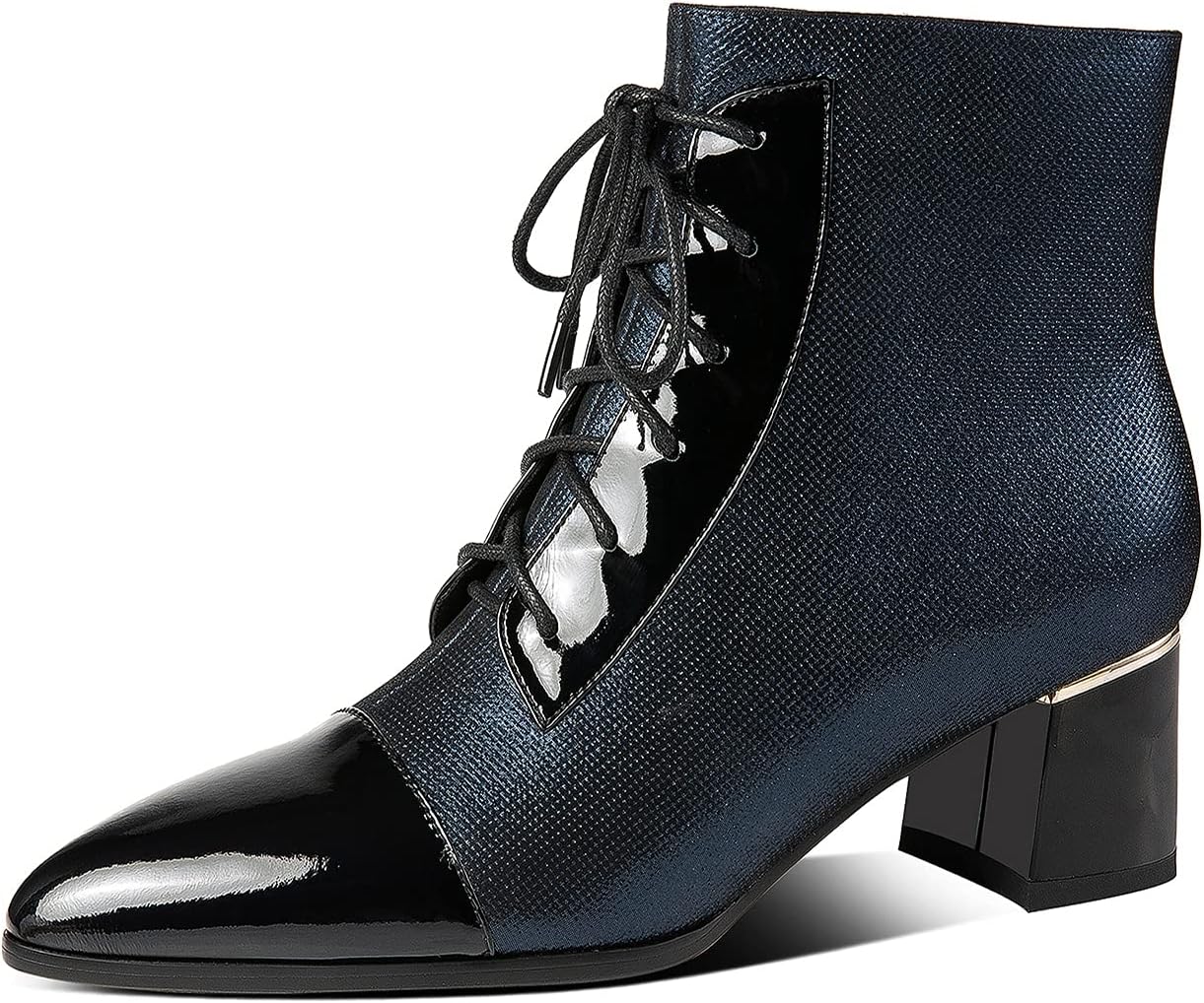 TinaCus Women's Handmade Patent Genuine Leather Mid Heel Side Zip Up Cap-Toe Ankle Boots with Front Band Design