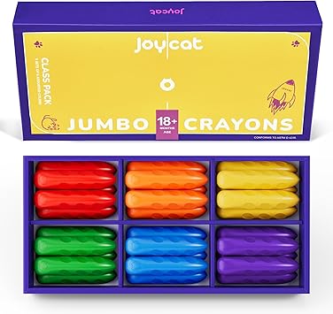 JoyCat Jumbo Crayons Bulk, 30 Count, 6 Colors for Toddlers 1-3, Washable | Easy-grip triangular crayons are non-toxic and unbreakable, 30 pieces in 6 colors for preschool classrooms and party favors.