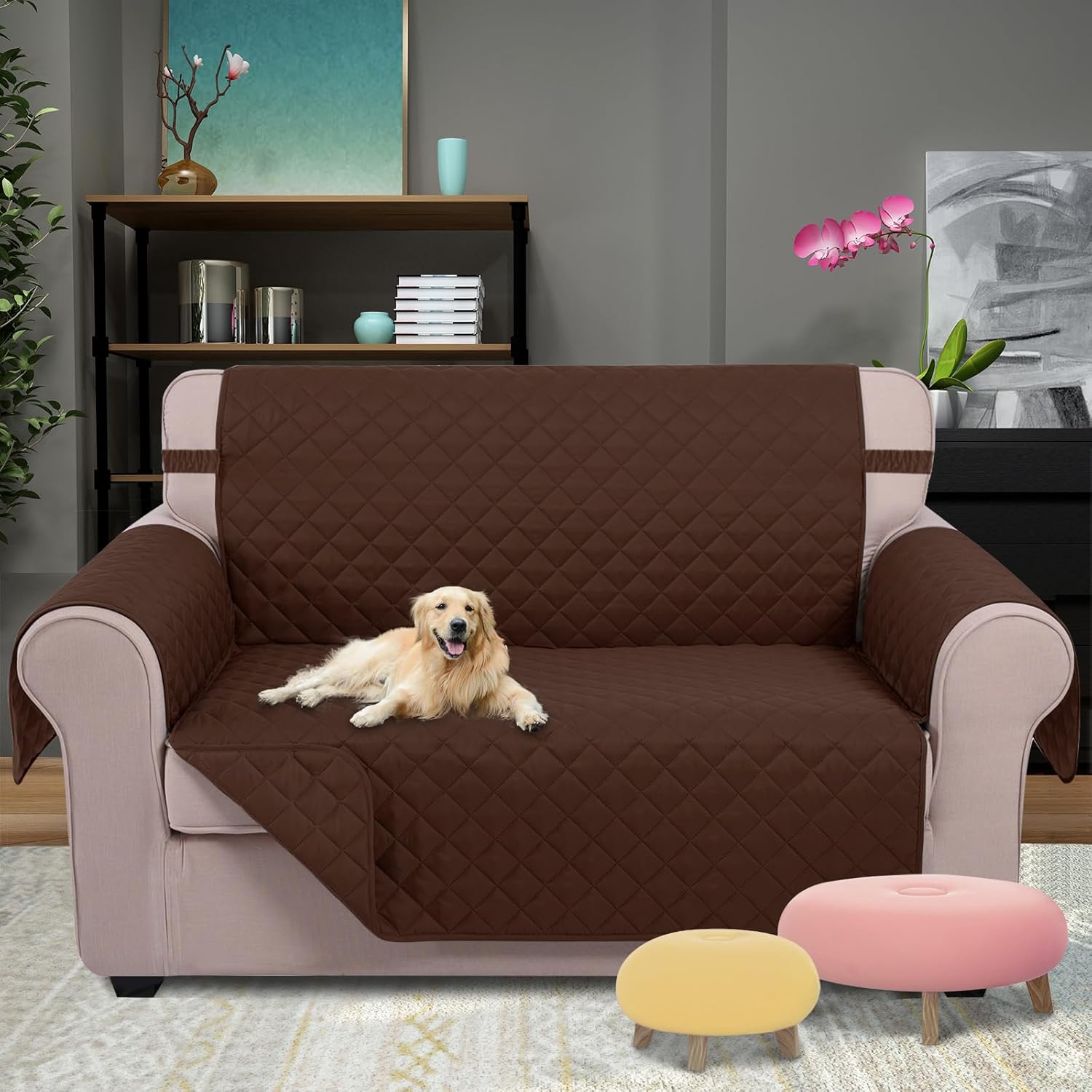 u-nice home loveseat sofa cover reversible couch covers for 2 cushion couch for dogs furniture protector cover with elastic straps water resistant(loveseat small, brown/brown) brown/brown 45''small loveseat