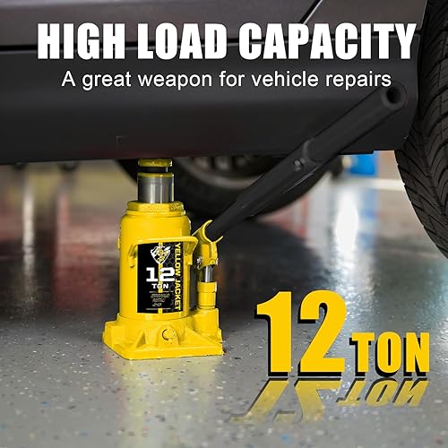 Miniatura 6 de Gato de botella de perfil bajo de 12 toneladas, 7-12" a 13-1316" Rango de elevación soldado hidráulico Stubby Jack (24,000 libras), amarillo