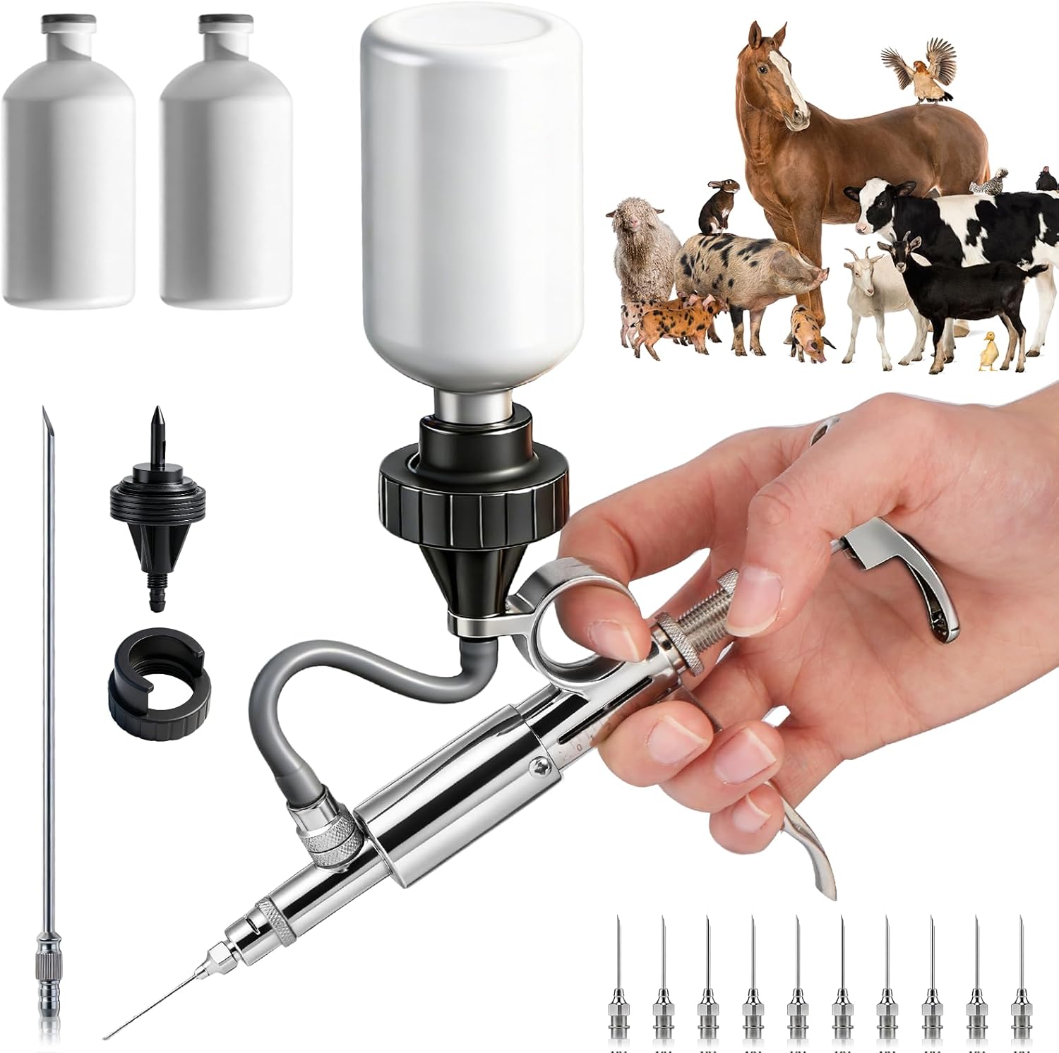 NEWTRY 5ML Livestock Syringe Gun, Semi Automatic Livestock Syring Adjustable Continuous Syringe with 10 needles for Cow Goat Cattle Sheep Pig