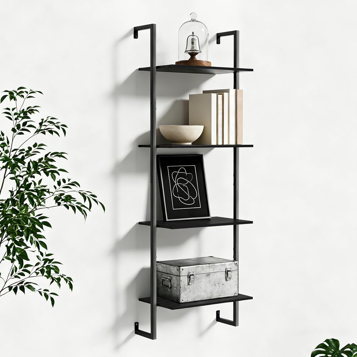 4 Tier Industrial Ladder Bookshelf 15.74" Dx9.44 Wx49.99 H, Wall Mounted Bookcase with Metal Frame for Home Office, Living Room, Study，Black