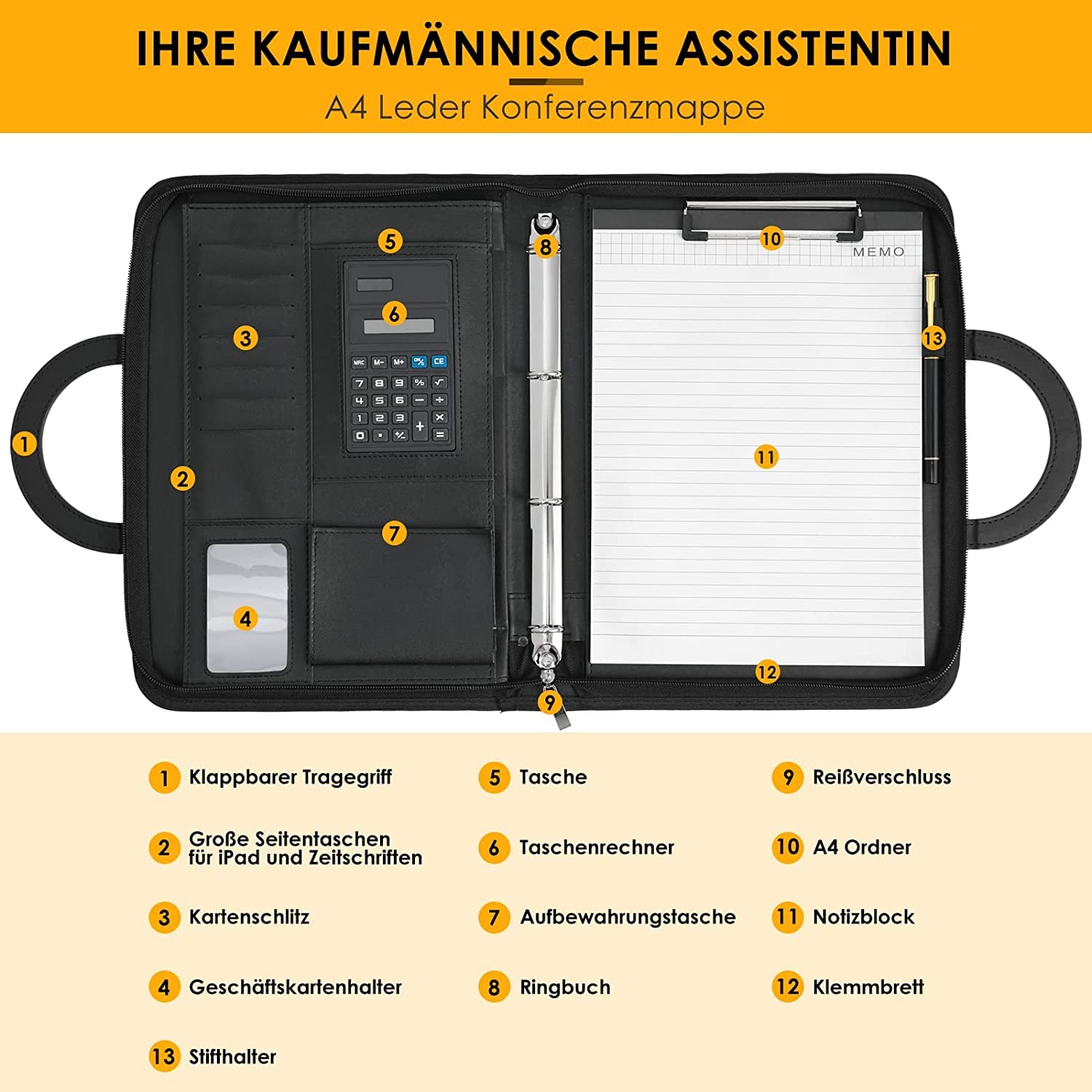 Porte-Document A4 Cuir avec Fermeture Éclair Étanche Classeur à Anneaux Noir
