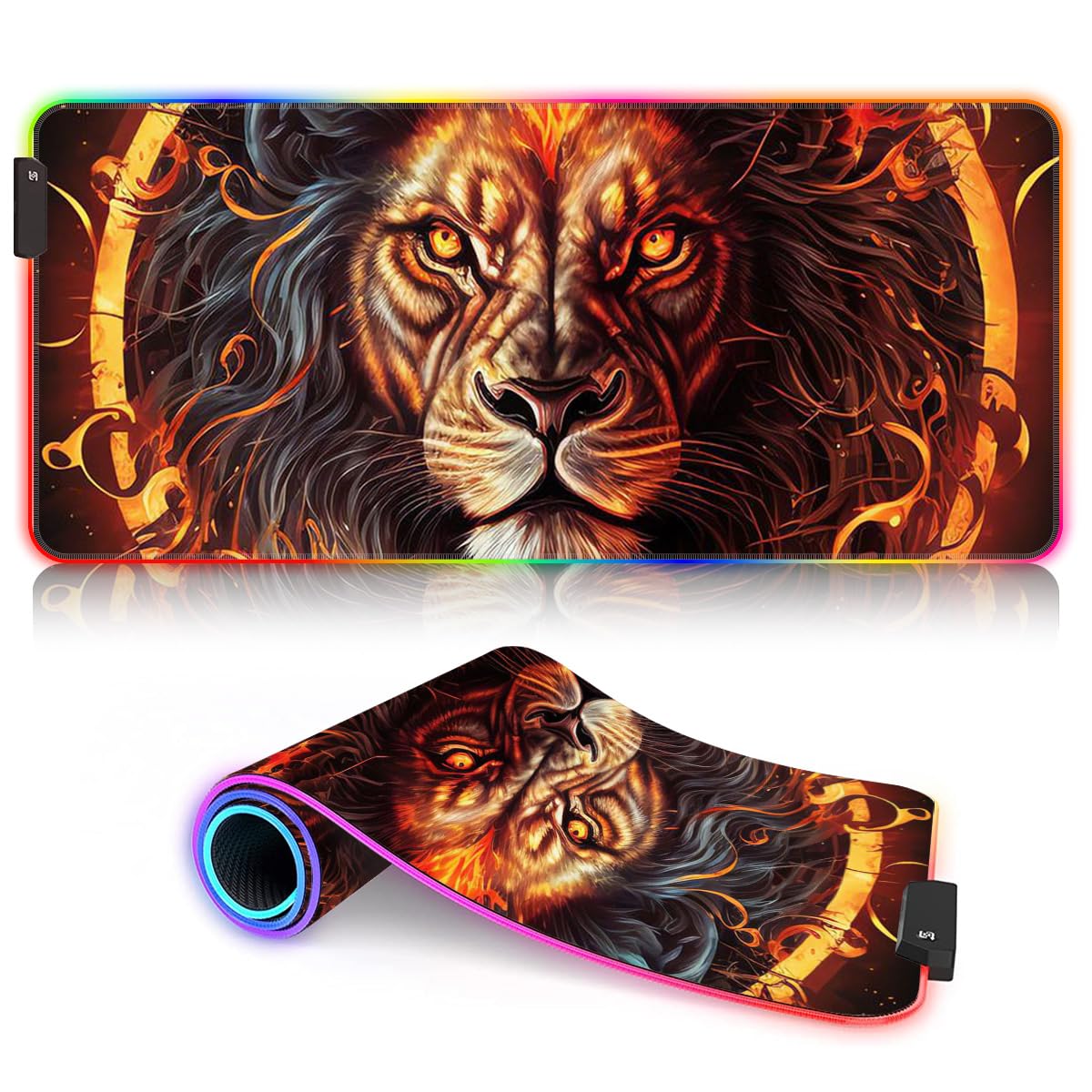 Tappetino per mouse da gioco con testa di leone di fuoco e LED, di grandi dimensioni, ROG, grande, con bordi cuciti (60 x 35 x 0,3 cm) tappetino da scrivania per ufficio