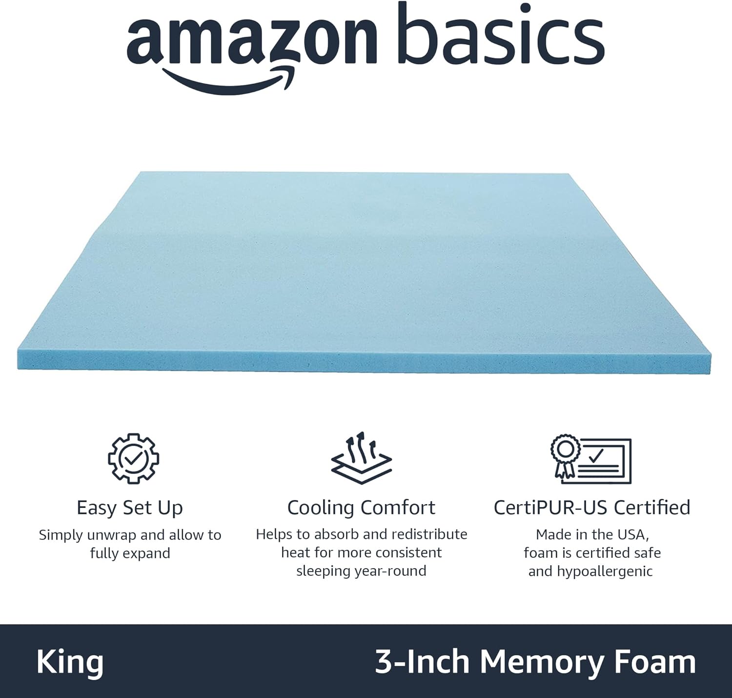 Amazon Basics King Cooling Gel-Infused Memory Foam Mattress Topper, CertiPUR-US Certified, 3 Inches, Blue - Image 2