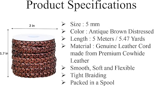 Miniatura 3 de GENIQUE Cordón de cuero trenzado plano de 0.197 in, cuerda de cuero para fabricación de joyas, tiras de cuero, ribete de cuero (16.4 ft) (0.197 in,